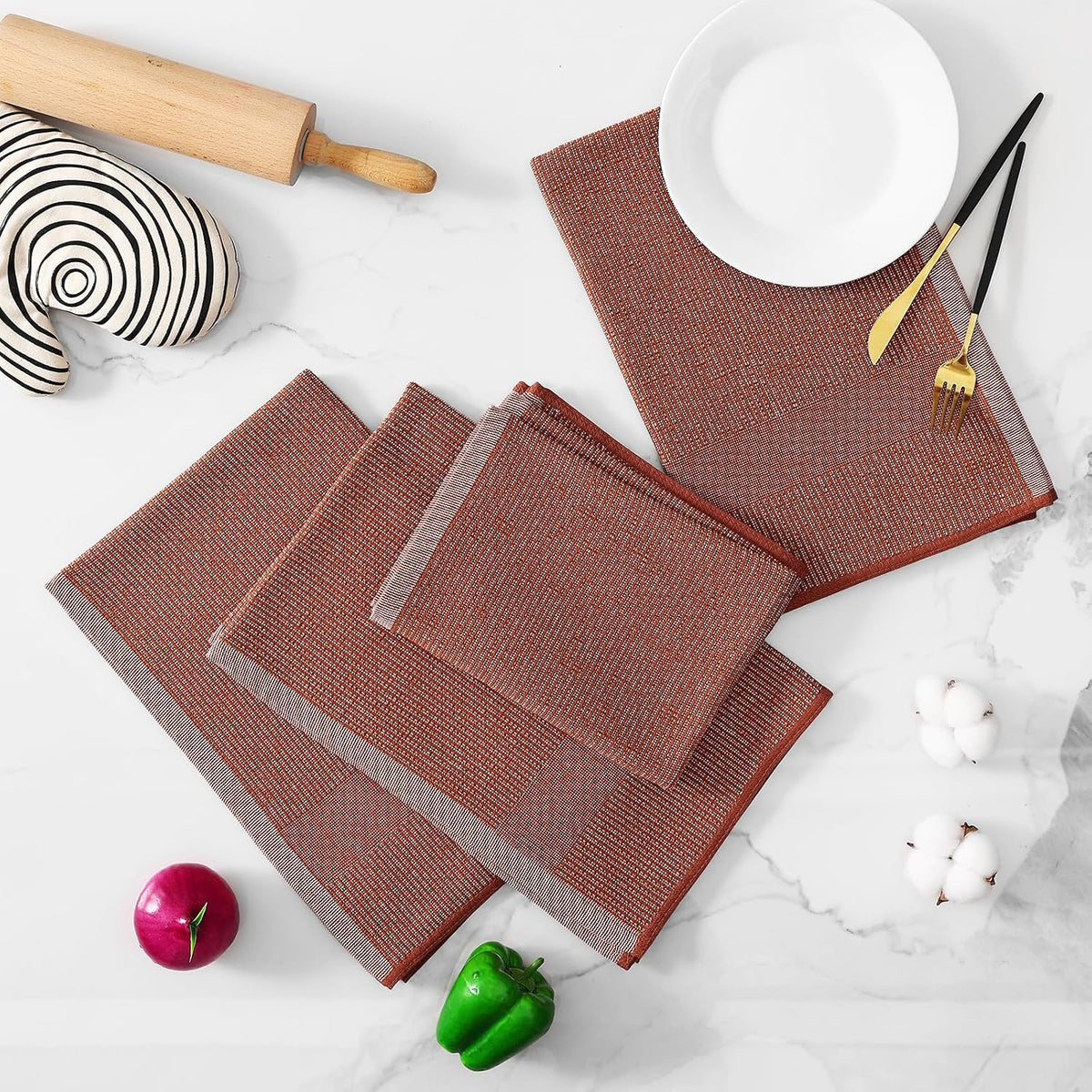 Homaxy 380 GSM Cotton Premium Kitchen Towels 8 Pack, 18"x 28", Rust | Flat and Terry Dish Towels, Highly Absorbent Tea