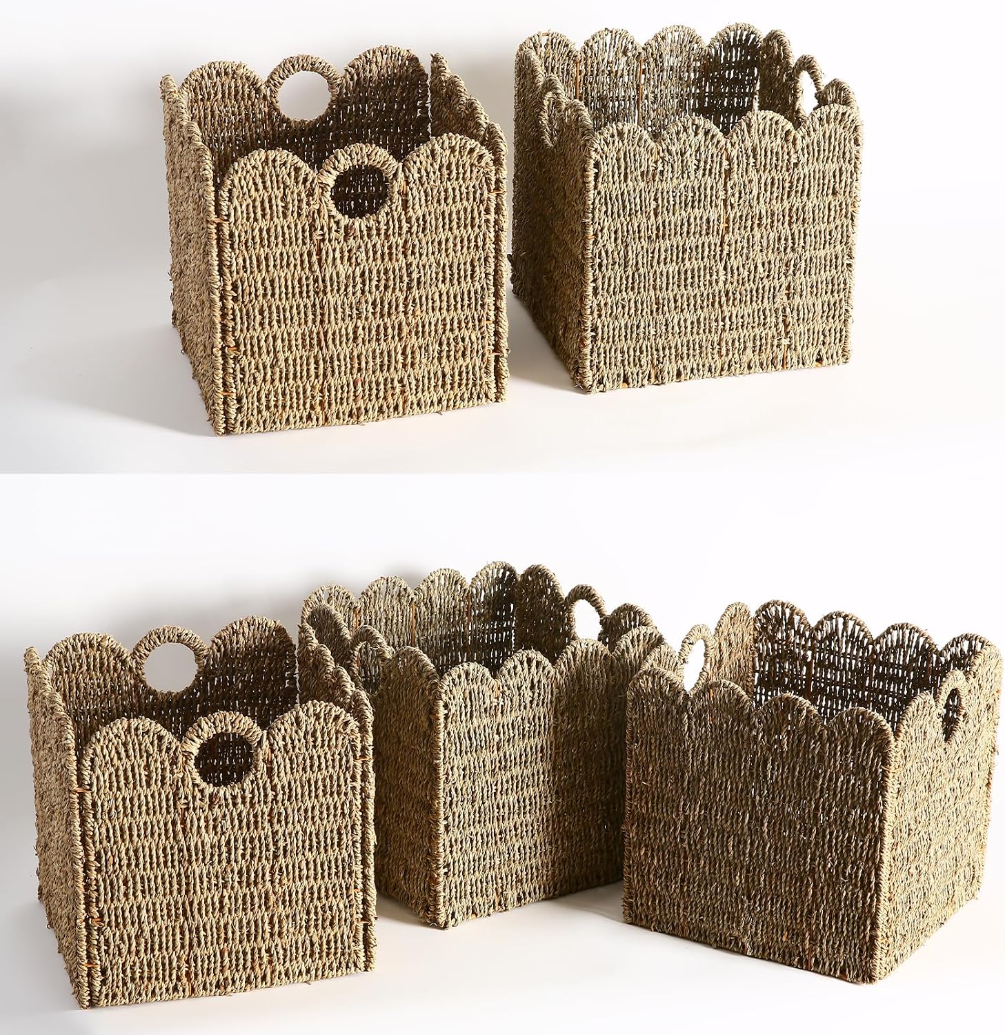 Scalloped Wicker Storage Cubes Basket / Sage Green / 12 x 12 x 12 / In&4-pack / Set of 4