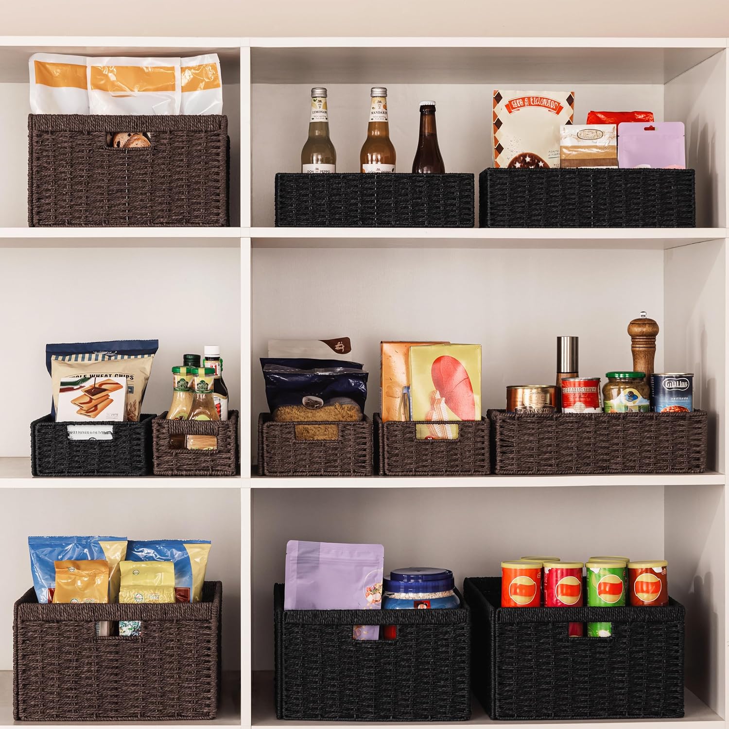 Wicker Basket / 13.4Lx8. W Woven Paper Rope Storage Baskets / Black / Medium / 3 x 7.1 / Set of 2