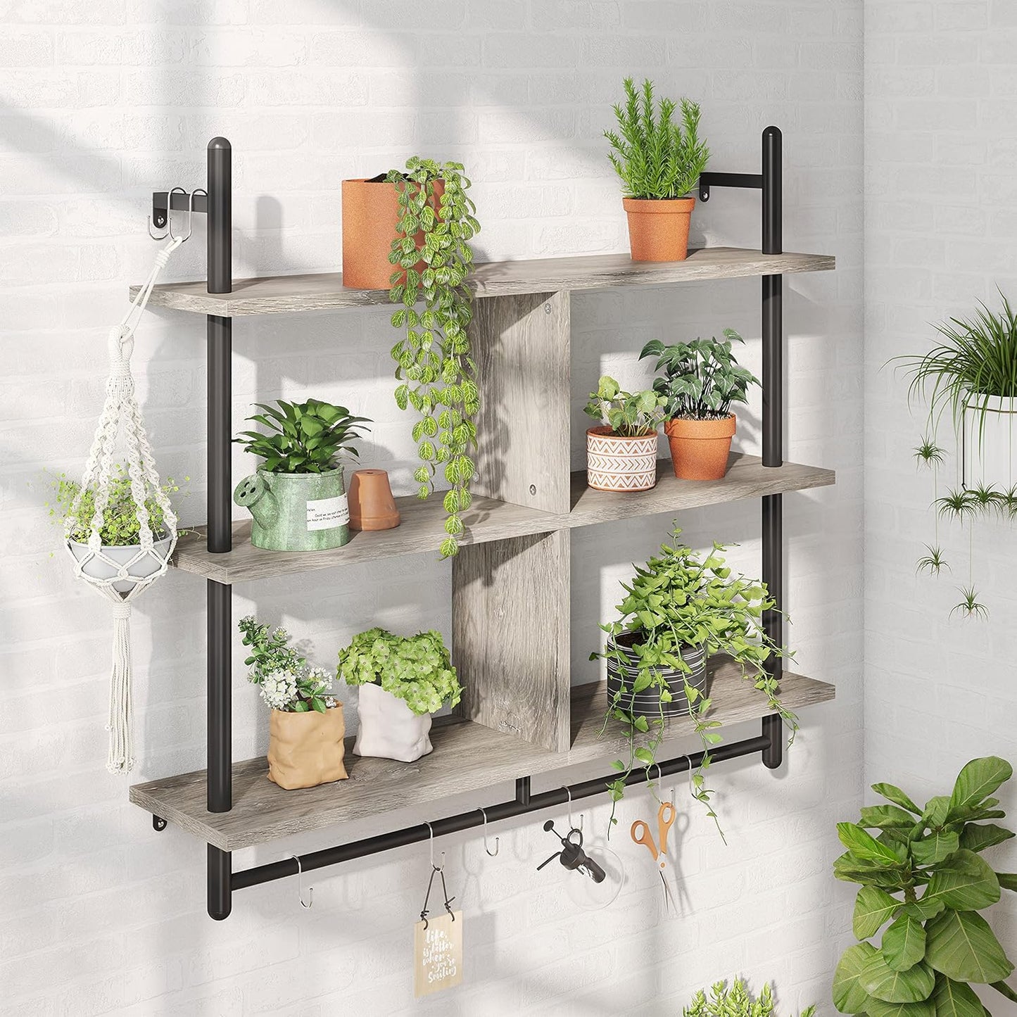 Bestier 41" Floating Kitchen Shelves Wall Mounted 3 Tier Coffee Bar Mug Shelf Hanging with 8 Hooks Display Plant Pipe