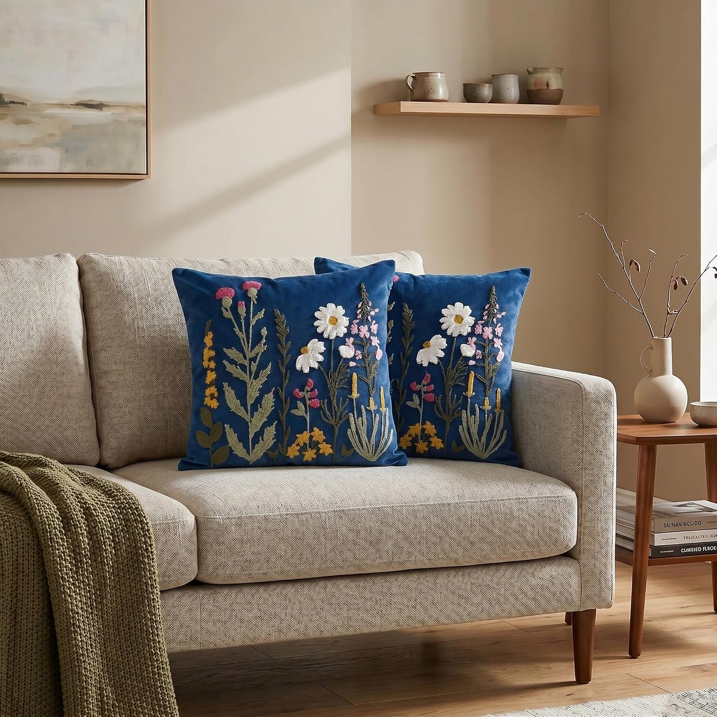 Colorful Flowers / Dark Blue / 18 x 18 / Set of 2