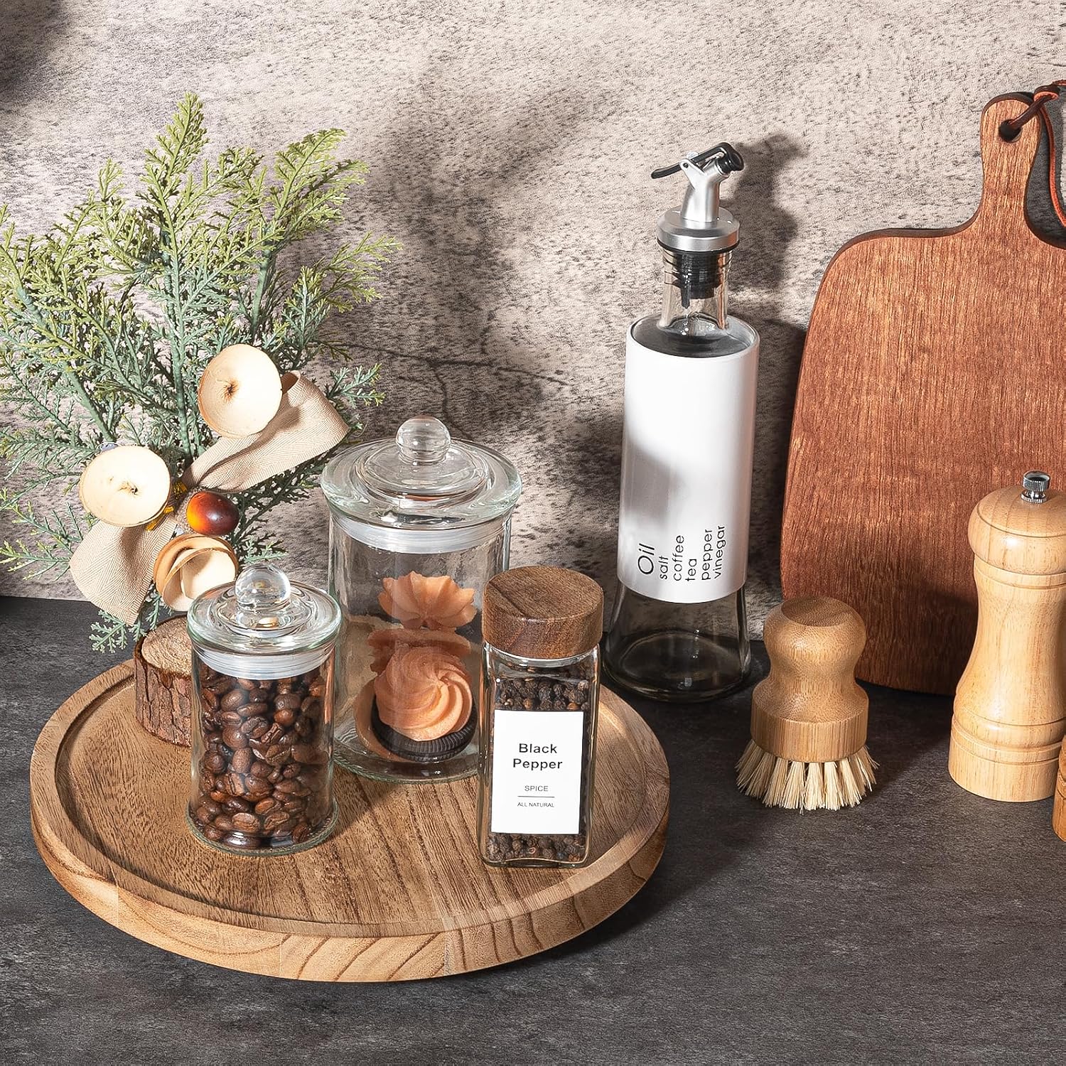 Wood Lazy Susan Organizer Kitchen Turntable for Cabinet Farmhouse Bathroom Decor / Brown / Set of 10