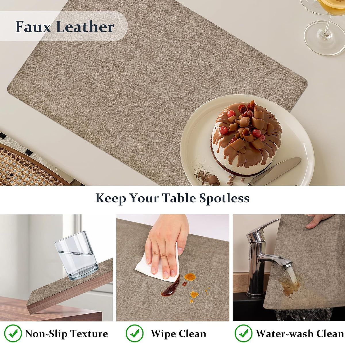 FROMHEART Faux Leather PU Placemats Set of 12 (Light Coffee,11.8" x 17") | Waterproof,Heat/Oil Stain-Resistant Table