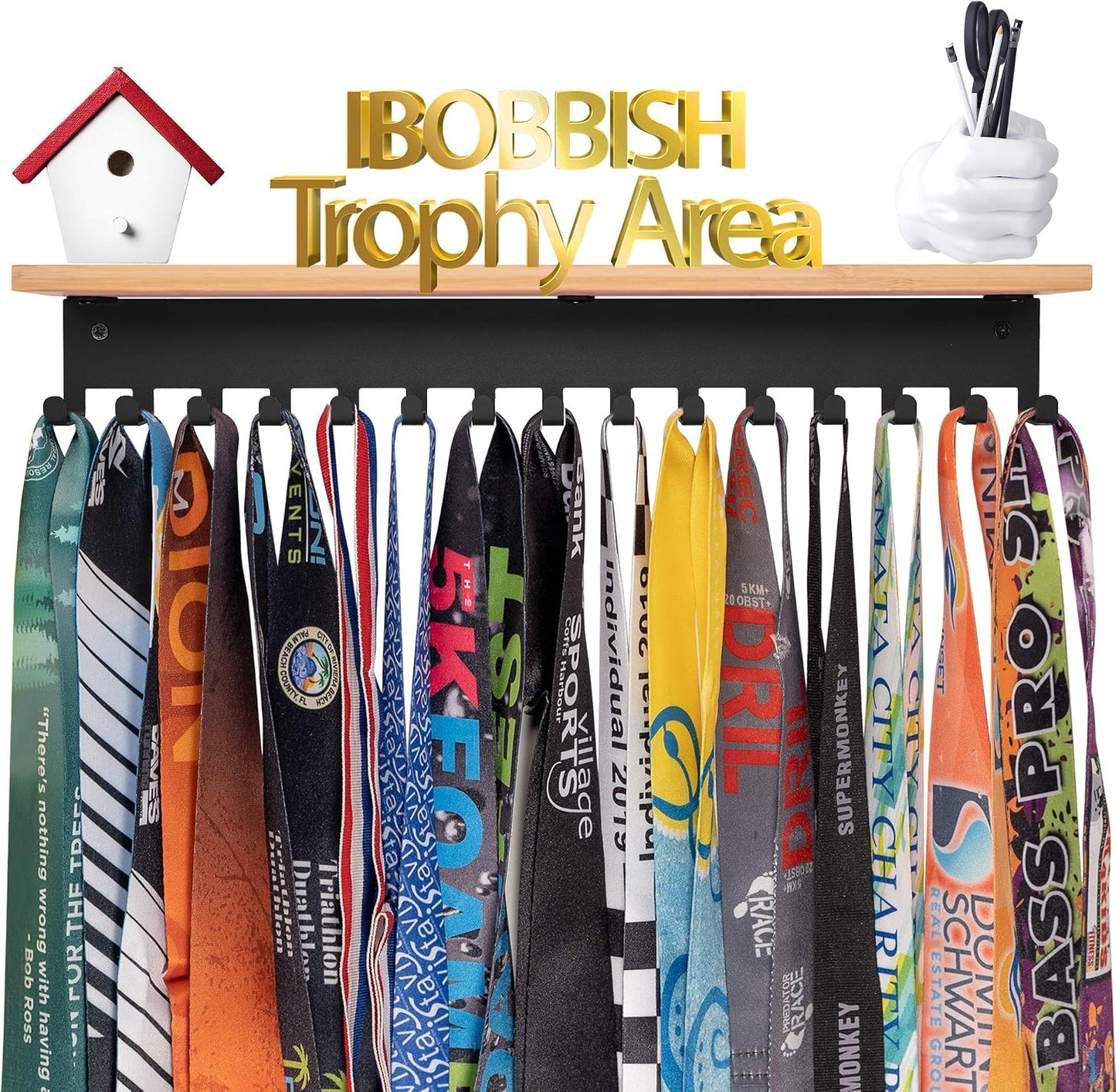 iBobbish Premium Trophy and Medal Display Shelf 16inchL,Metal Trophy Shelf with Hooks Upgraded,Large Bamboo Trophy