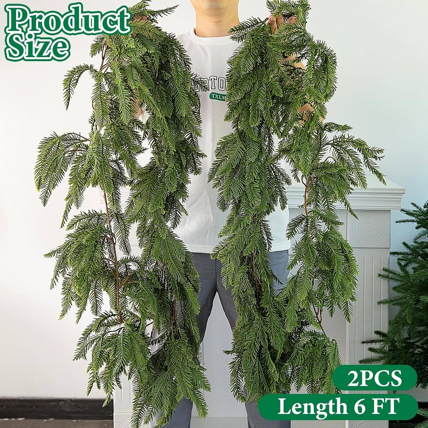 2 Pcs Christmas Norfolk Pine Garland, 6 FtArtificial Pines Greenery Garland | Realistic 3 Fork Dense Real Touch Pine