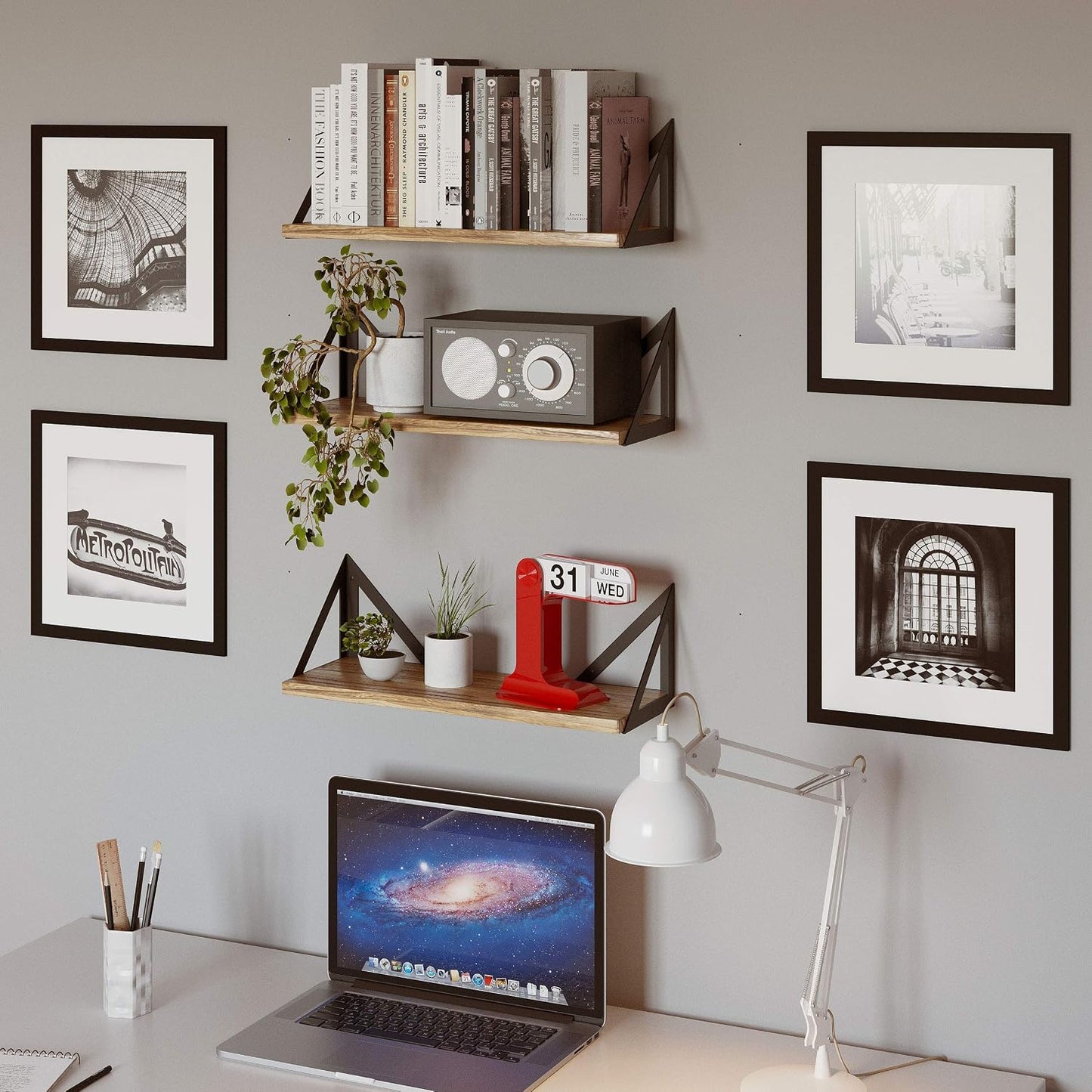 Wallniture Minori Floating Shelves Set of 3, Small Bookshelf Unit for Living Room, Office, and Bedroom, Natural Burned