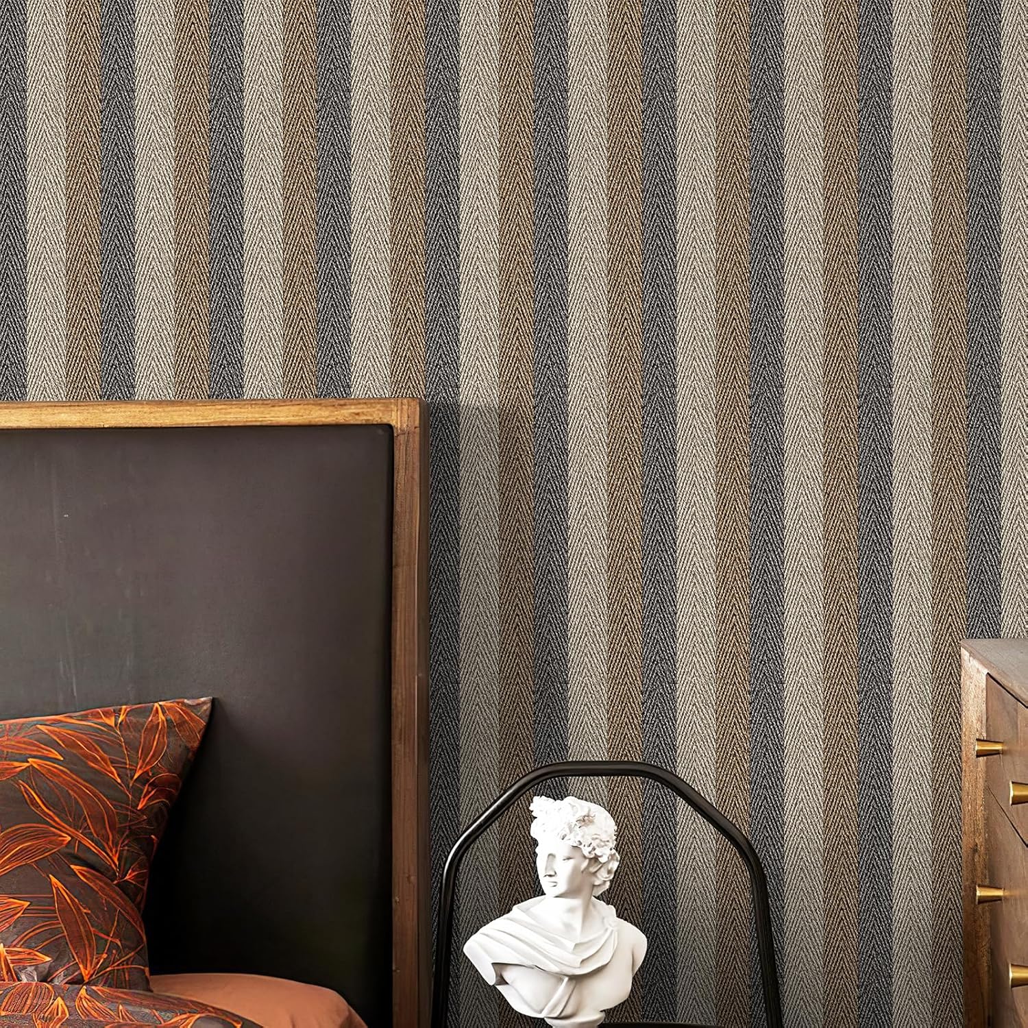 Textured Fabric Wallpaper Peel and Stick Large Size " Black/ /Grey Stripes / 26 x 400 / Brown