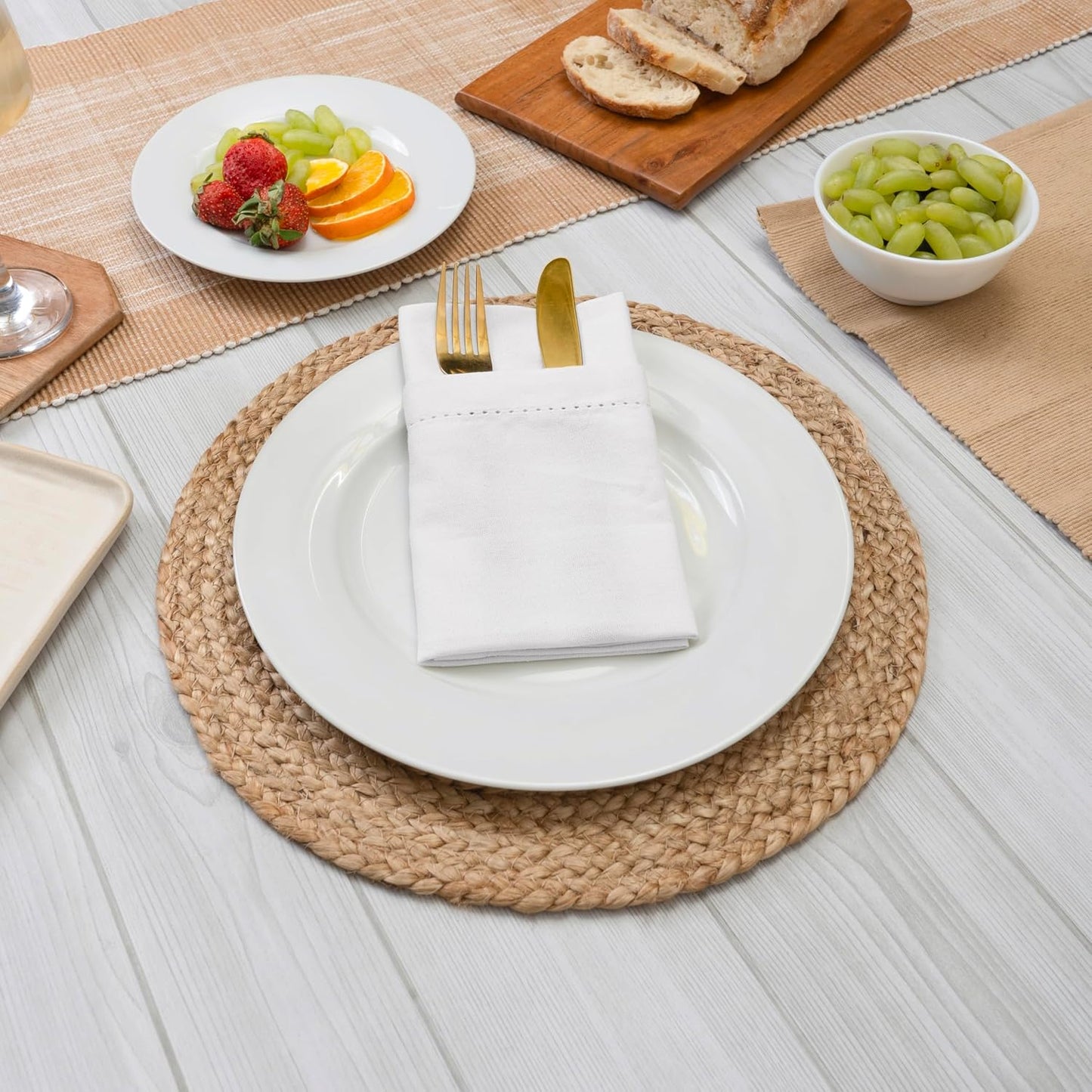Blue Needles Set of 12 Hemstitch Linen Napkins 100% Cotton White Cloth Dinner Napkins 18x18 inches, Soft, Reusable