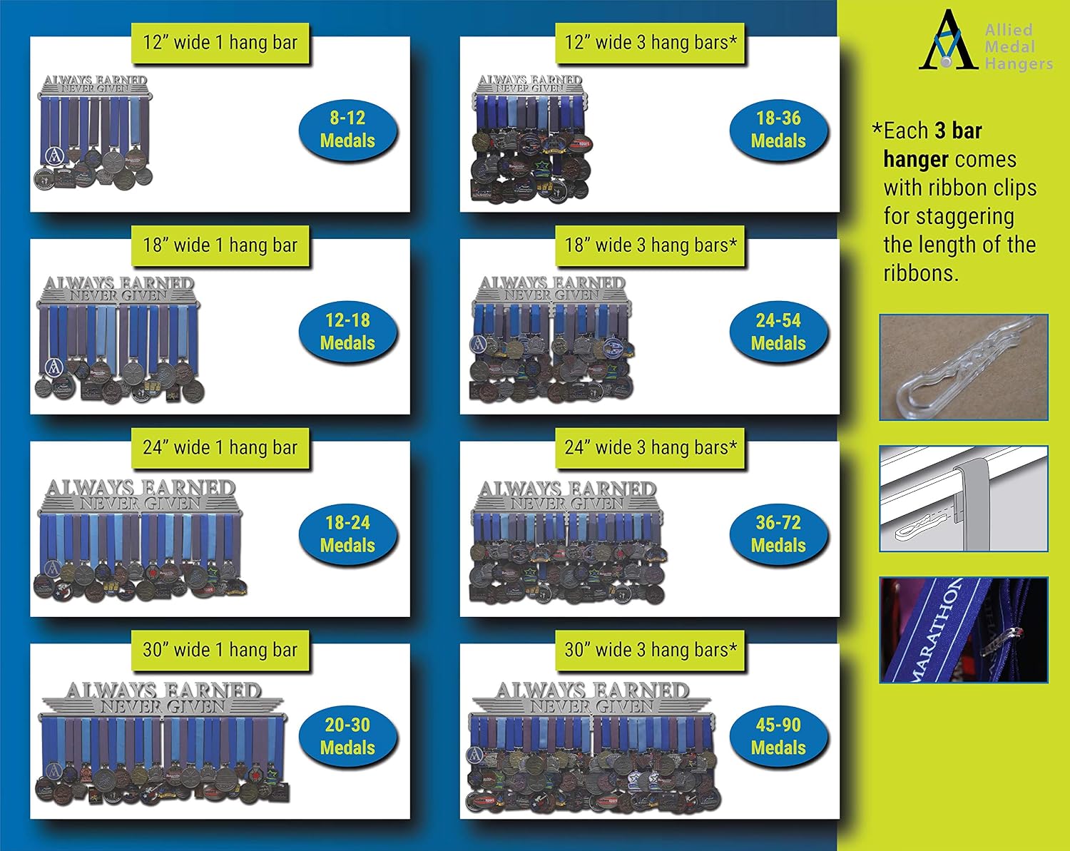 Allied Medal Hangers - Always Earned Never Given (Compact) - Multiple Variations Offered - Medal Awards Holder Display
