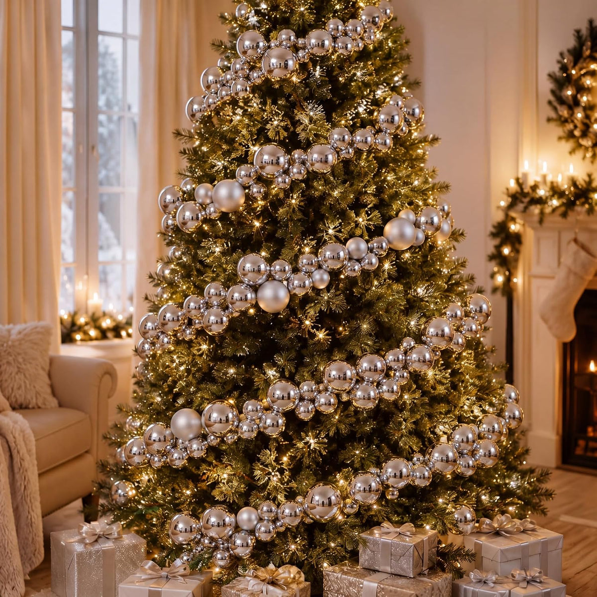 2 Pcs 15 ft Christmas Ball Ornament Garland, Silver | Bauble Bulb Christmas Tree Ball Decoration Shatterproof Ornaments