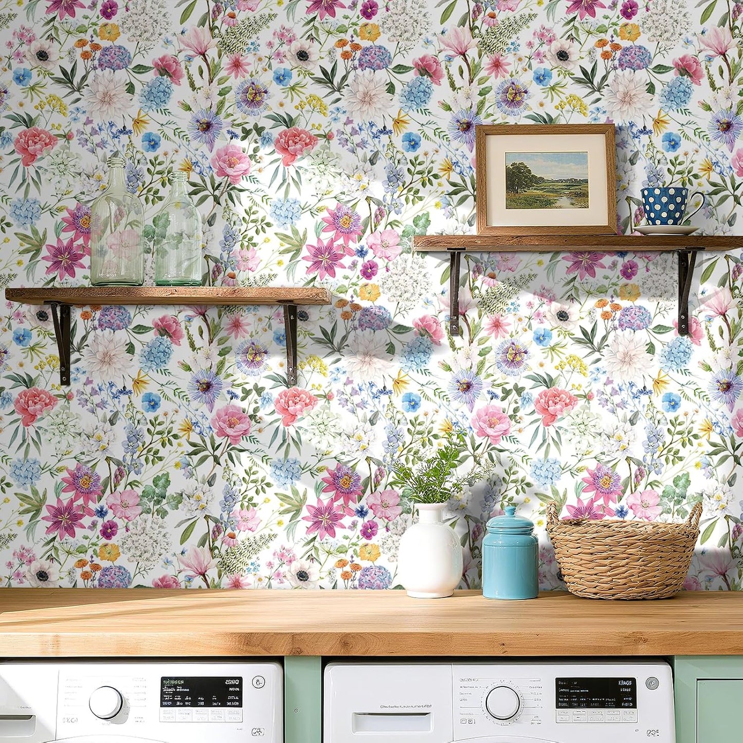 Wallpaper Watercolor Peony Hydrangea Daisy Poppy / 17.5 x 10 / Ft / Multicolor Floral / Pink