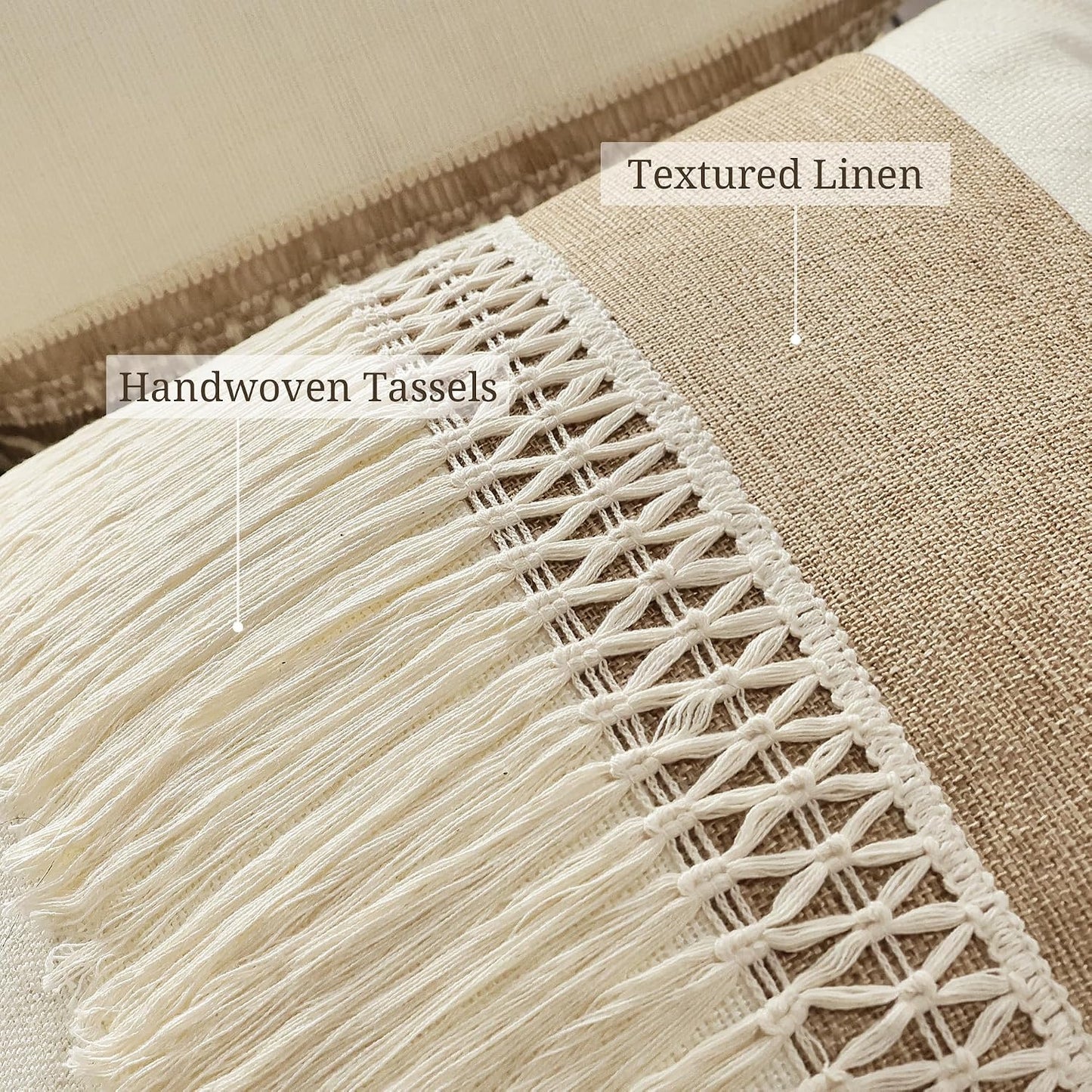 Boho Patchwork Linen Throw Pillow Covers / Boho Long Fringe-beige / 18 x 18 / Set of 2