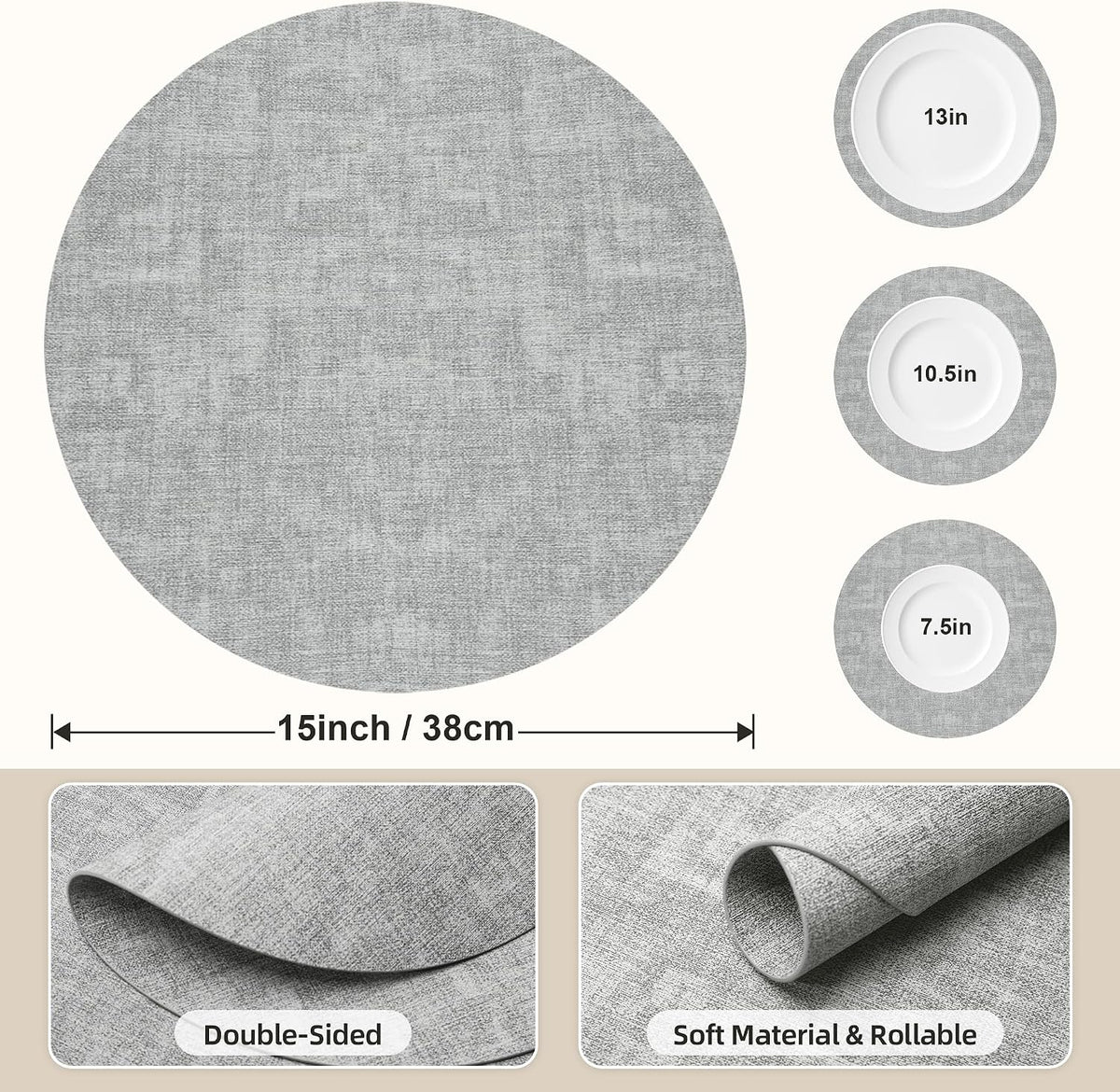 Round Placemats Set of 8, 15 Inch Faux Leather Place mats, Washable Wipeable Non Slip, Heat Resistant Waterproof Vinyl