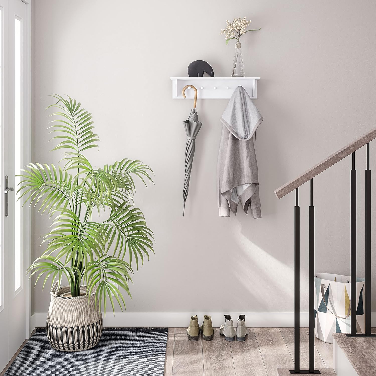 Ballucci Floating Coat and Hat Wall Shelf Rack, 5 Pegs Hook, 24", White
