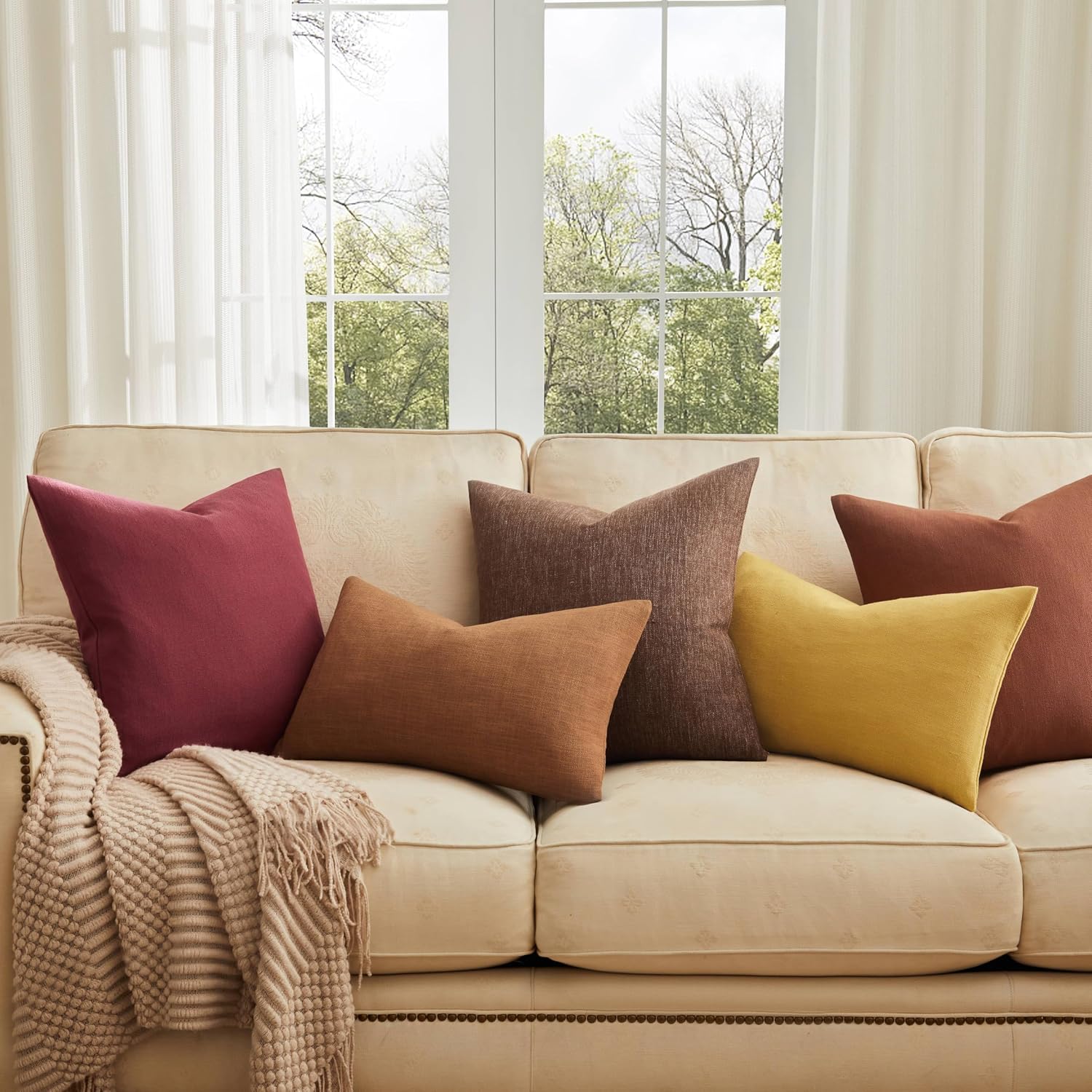 Rustic Cotton Linen Throw Pillow Covers / Burgundy / 18 x 18 / Set of 2