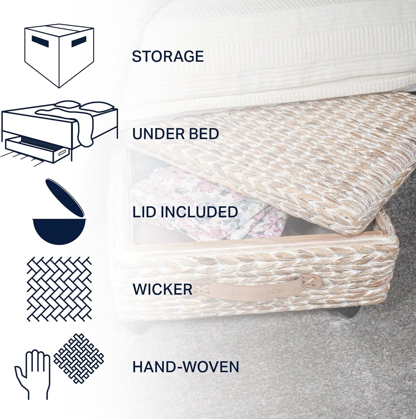 BSK1006C 26.38" Chett Minimalist Hand-Woven Hyacinth/Wood Underbed Storage Bin / White Wash