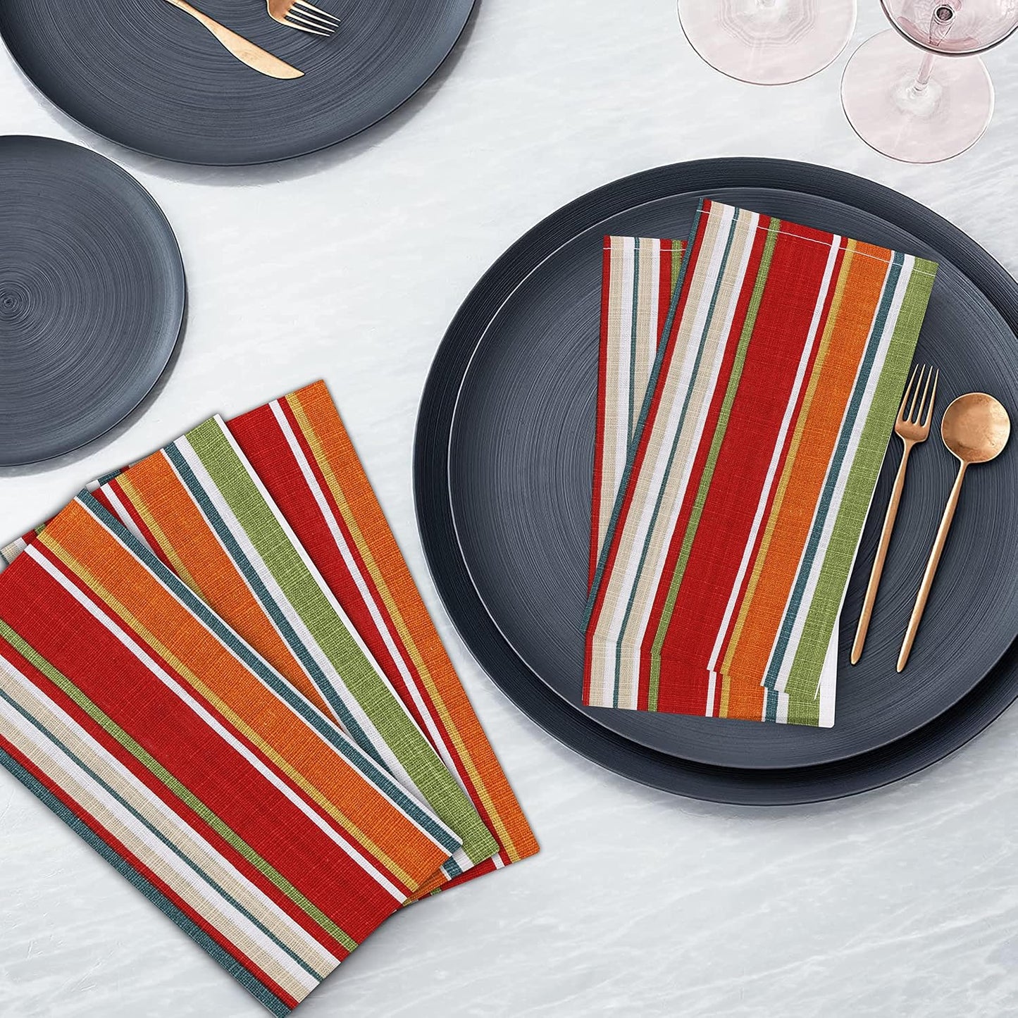 Ruvanti Cloth Napkins Set of 6, 100% Cotton 18”x18” - Multi Stripes | Washable, Soft, Durable & Absorbent Everyday