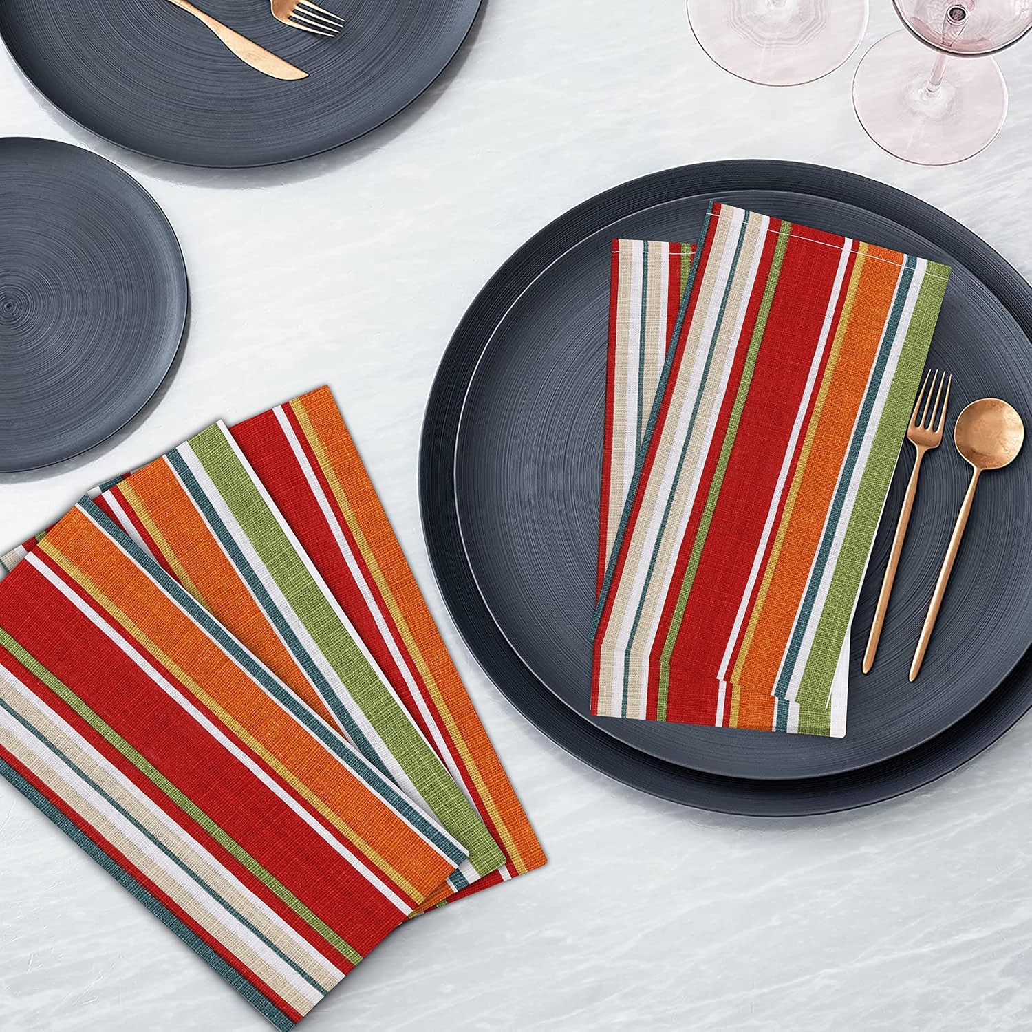 Ruvanti Cloth Napkins Set of 6, 100% Cotton 18”x18” - Multi Stripes | Washable, Soft, Durable & Absorbent Everyday