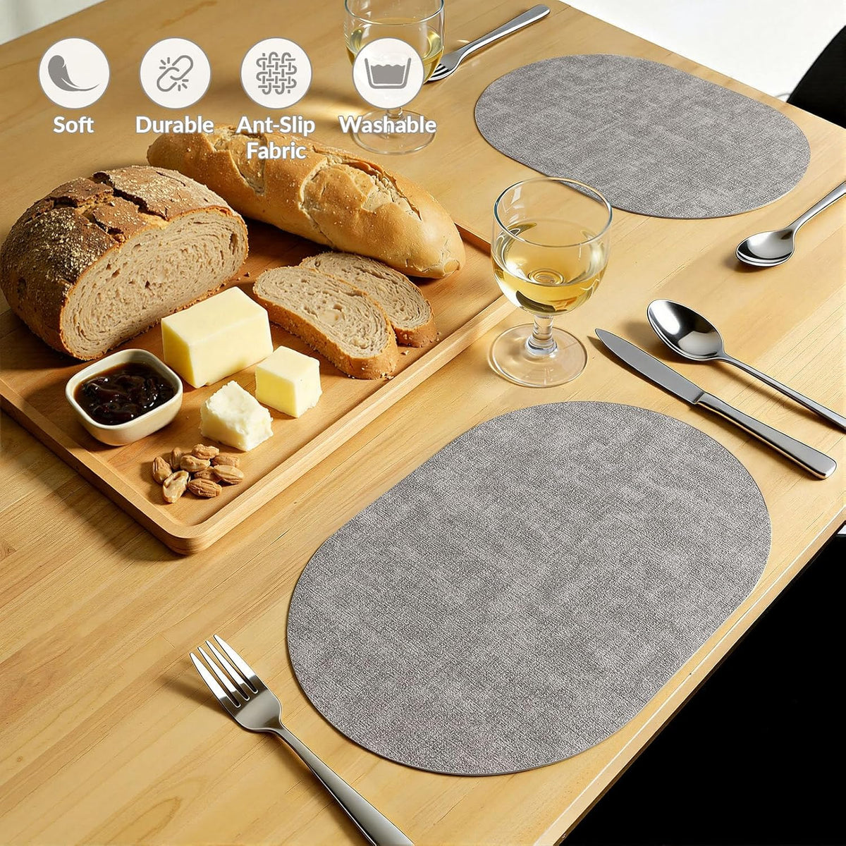 Placemats Set of 4, 11.8 x 17 Inch, Light Grey | Heat Resistant Oval Faux Leather Place Mats, Waterproof Wipeable
