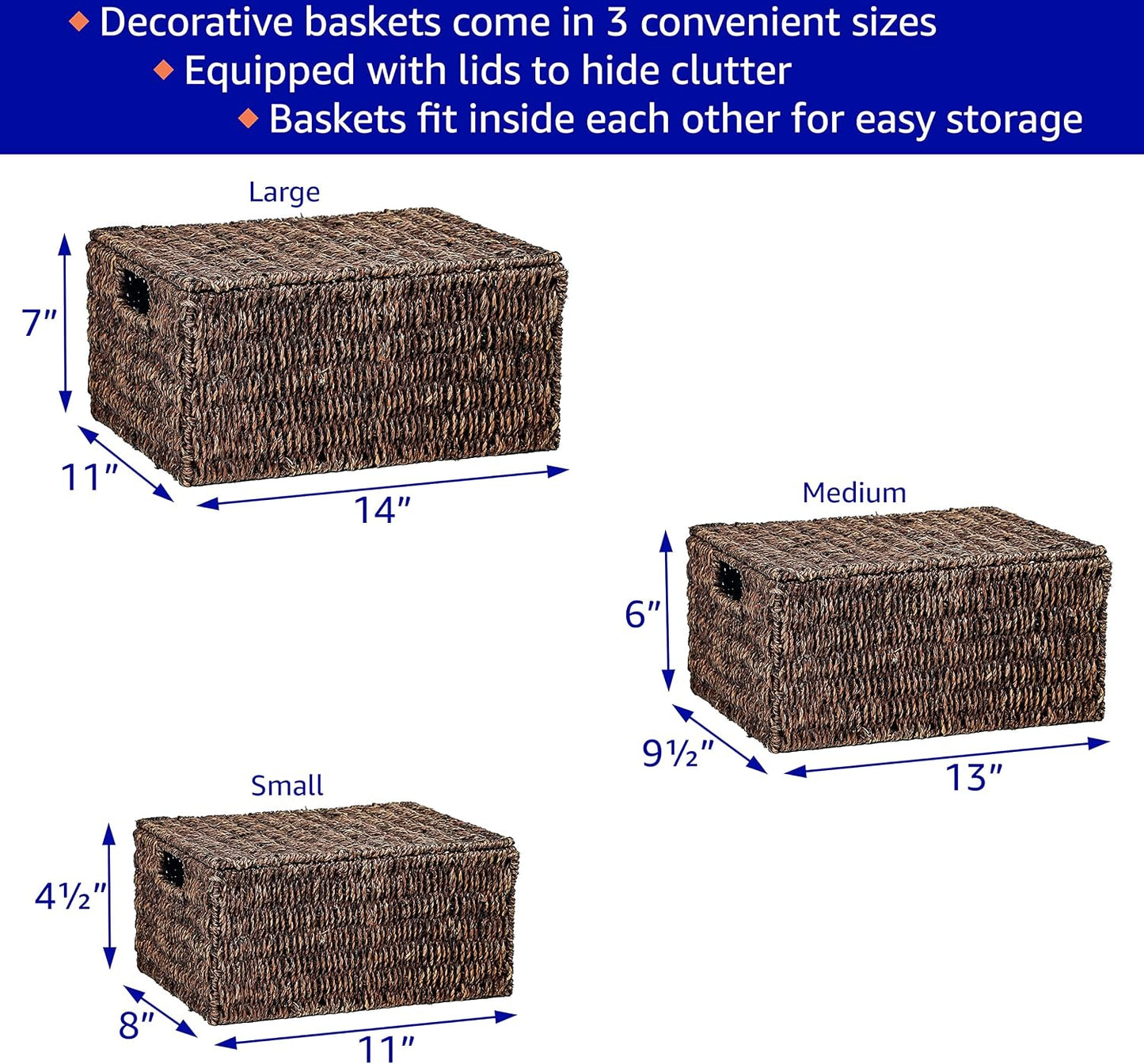 Rectangular Seagrass Baskets / Brown / Small / Set of 3