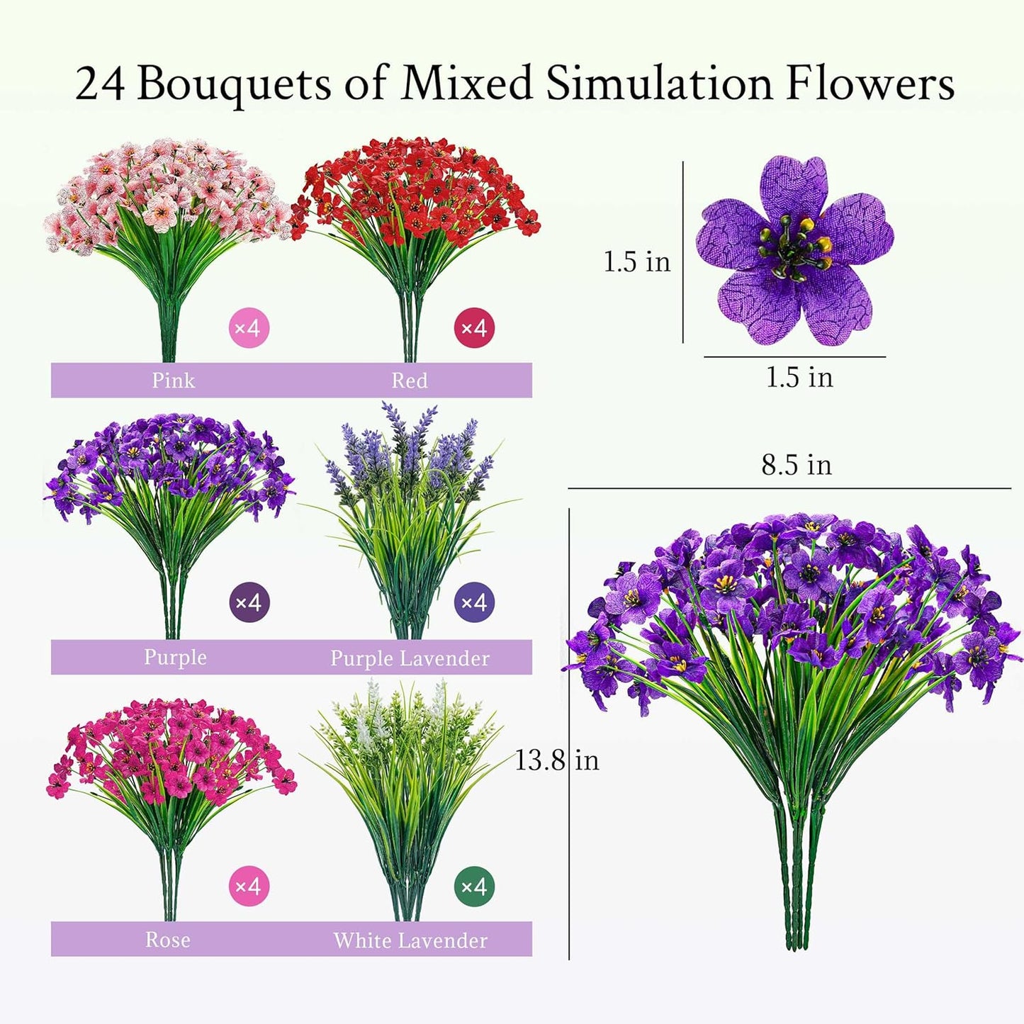 24 Bundles UV Resistant Artificial Flowers / Multi-color A