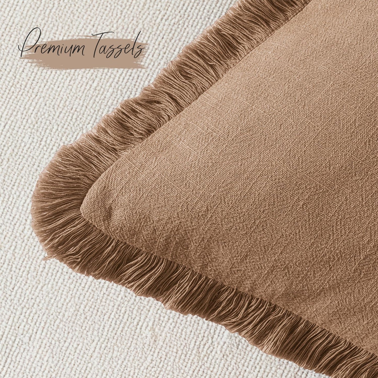 Decorative Linen Fringe Throw Pillow Covers Boho Farmhouse Soft Cushion / 20 x 20 / Brown / Set of 2