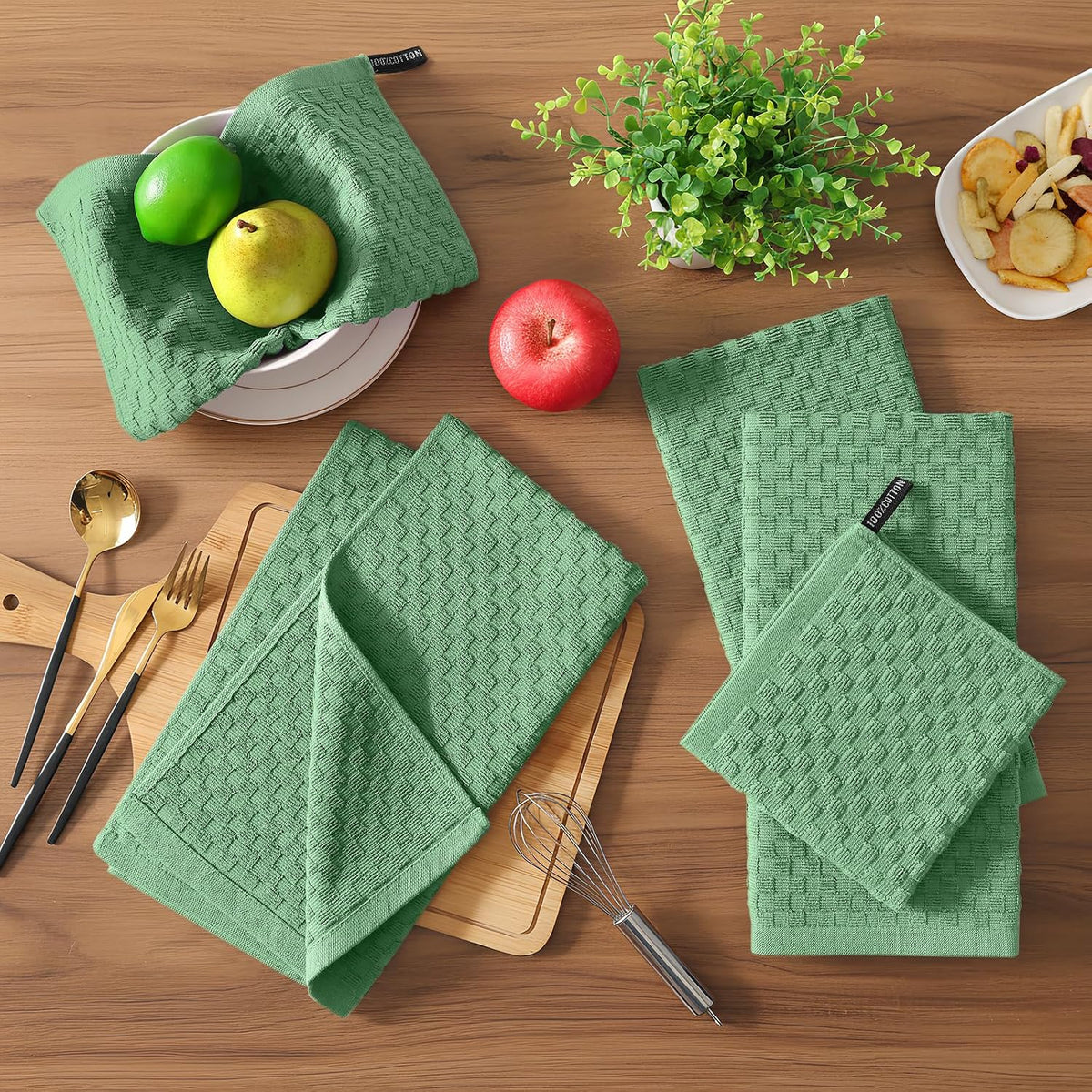 Homaxy 100% Cotton Terry Kitchen Towels(15" x 25", 12 Pack), Grass Green | Soft and Super Absorbent Dish Towels, 380