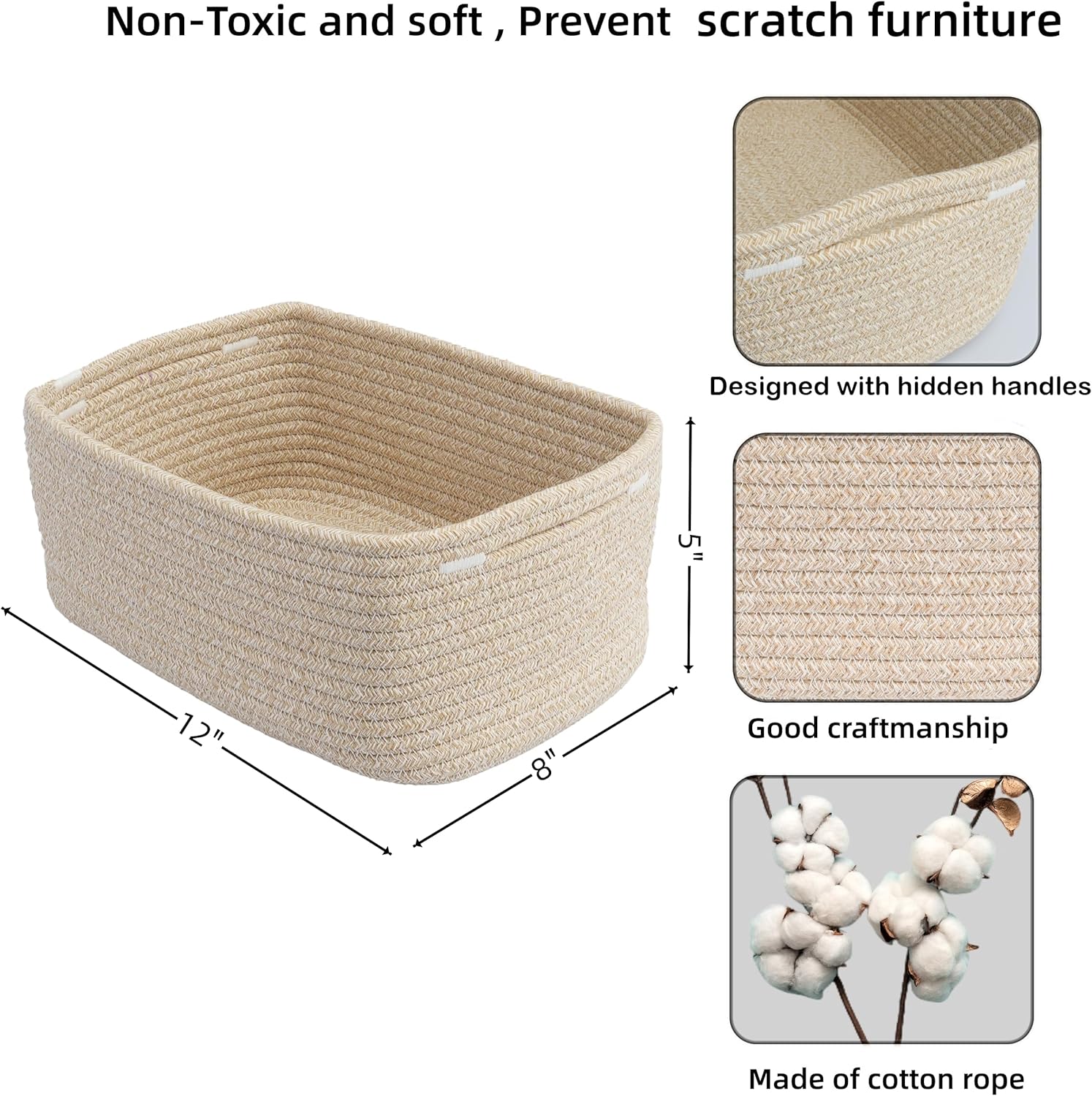 Small Woven Storage Baskets " Decorative Rope Bins for Organizing / Oatmeal / Regular / 12 x 8 x 5