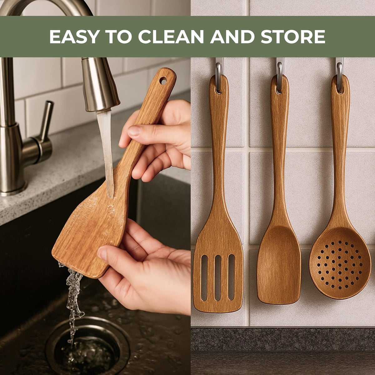 Vasilek Wooden Utensil Set XXl – 13 Piece Acacia Wood Cooking Tools with Round Holder for Nonstick Cookware with Holder