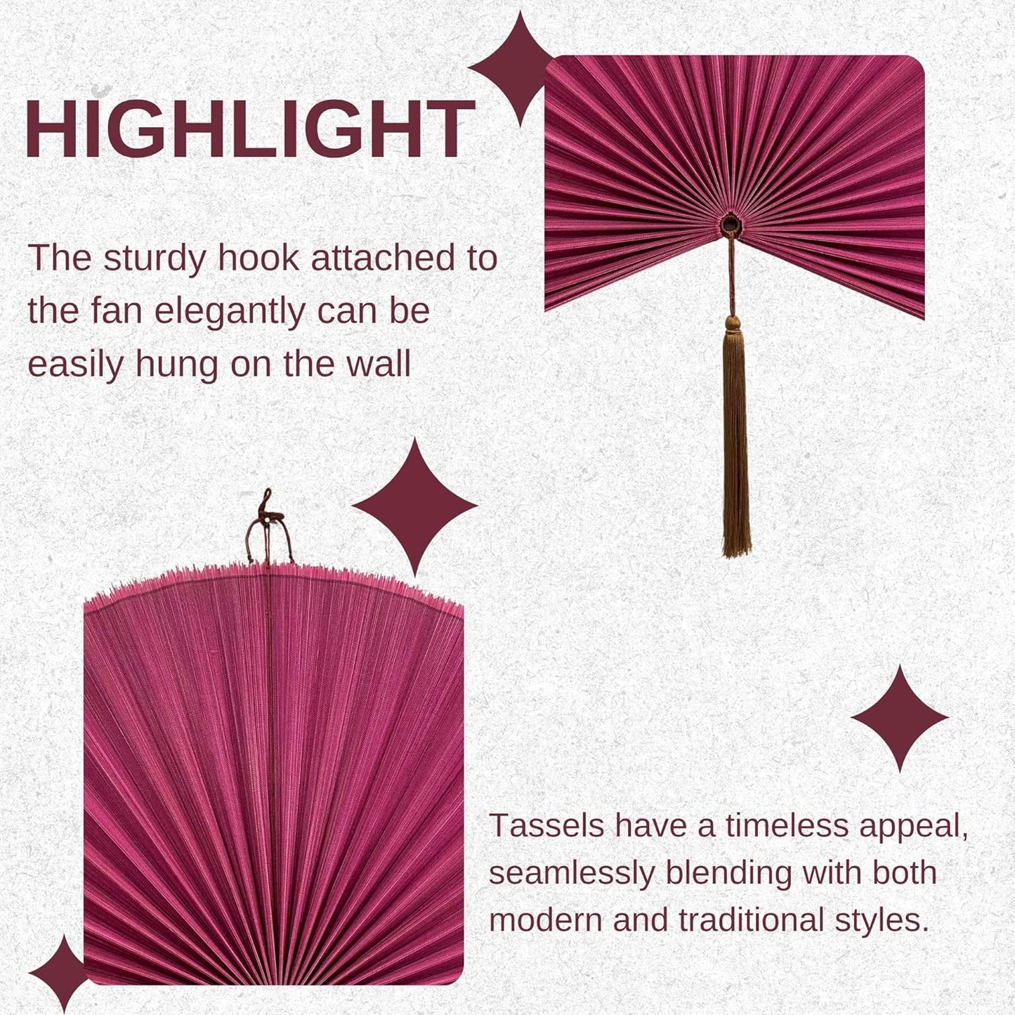 Large Bamboo Fan Wall Art for Boho Hanging Headboard / Rasberry / 31"L x 31"W