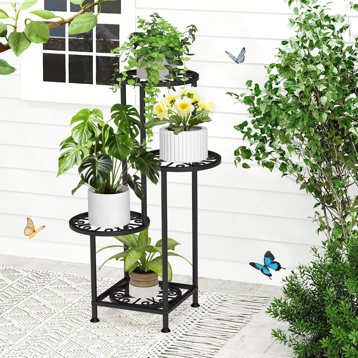 4 Tier Plant Stand Indoor Outdoor, Metal Flower Shelf Display Holder Corner | Multiple Plants Rack Tall Holder, Sturdy