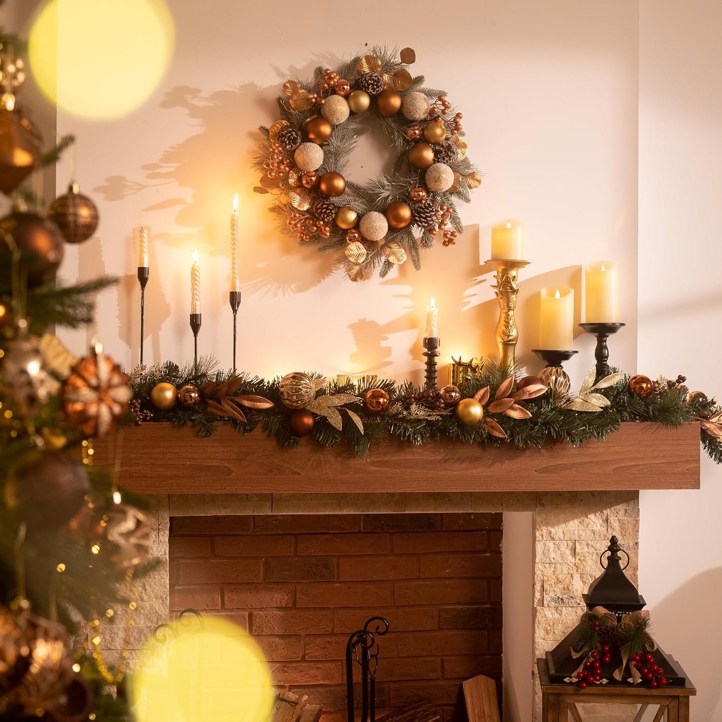 Valery Madelyn 6 Ft Pre-Lit Christmas Garland with Lights for Mantle, Lighted Outdoor Xmas Garland with Copper Gold