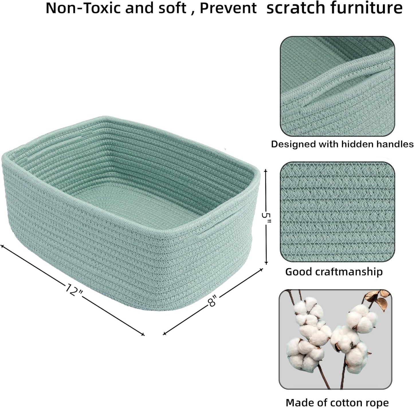 Small Woven Storage Baskets " Decorative Rope Bins for Organizing / Green / Regular / 12 x 8 x 5