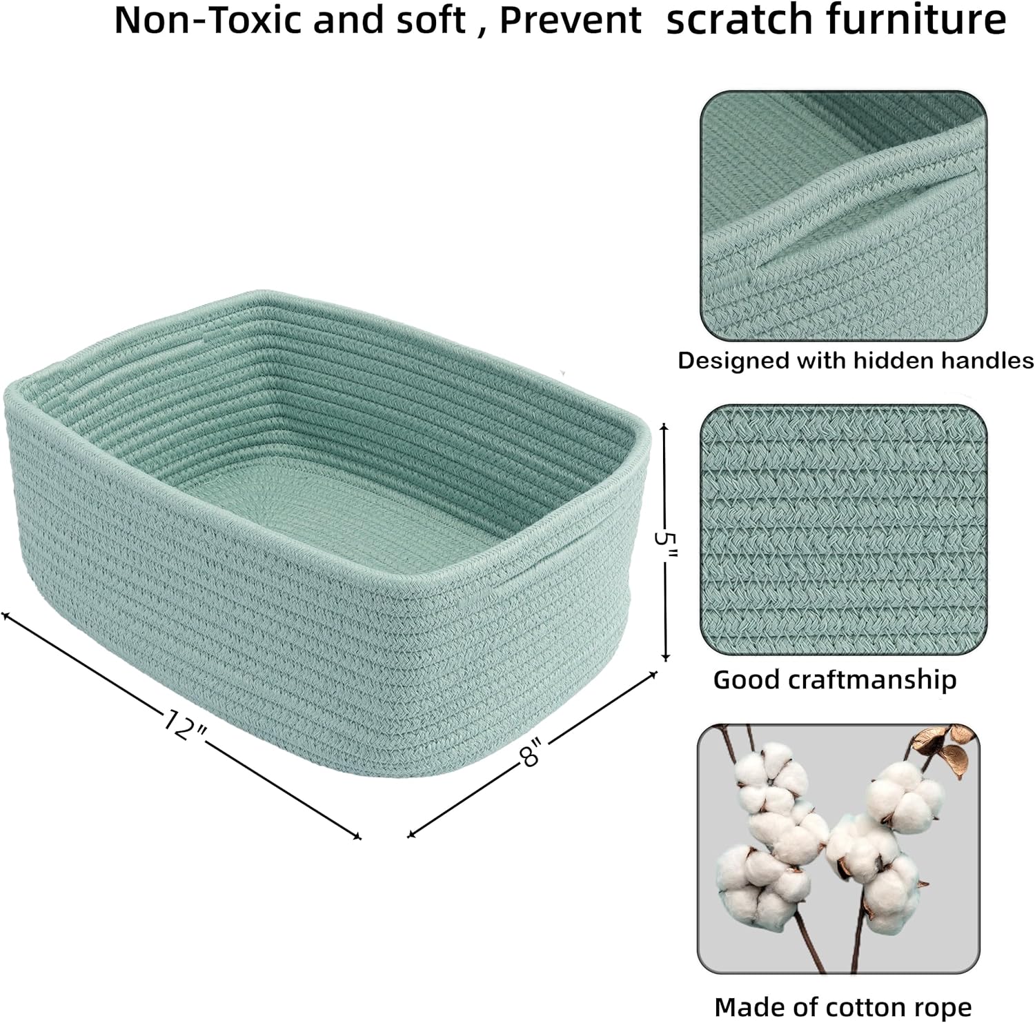 Small Woven Storage Baskets " Decorative Rope Bins for Organizing / Green / Regular / 12 x 8 x 5
