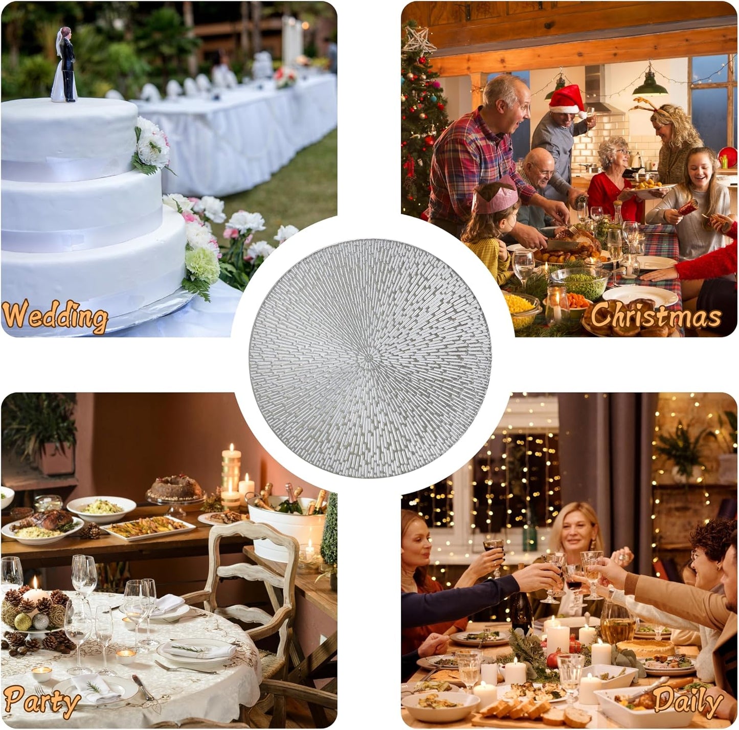 Snowkingdom Silver Placemats Set of 18, 15 Inch Round Metallic Hollow Vinyl Place Mats, Washable Wipeable Non Slip
