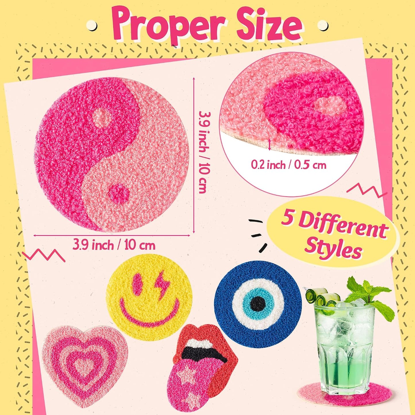 Preppy Boho Tufted Coasters Smile Evil Eye Lip Love Yin-yang Drink Coasters Yellow / Pink / Set of 5