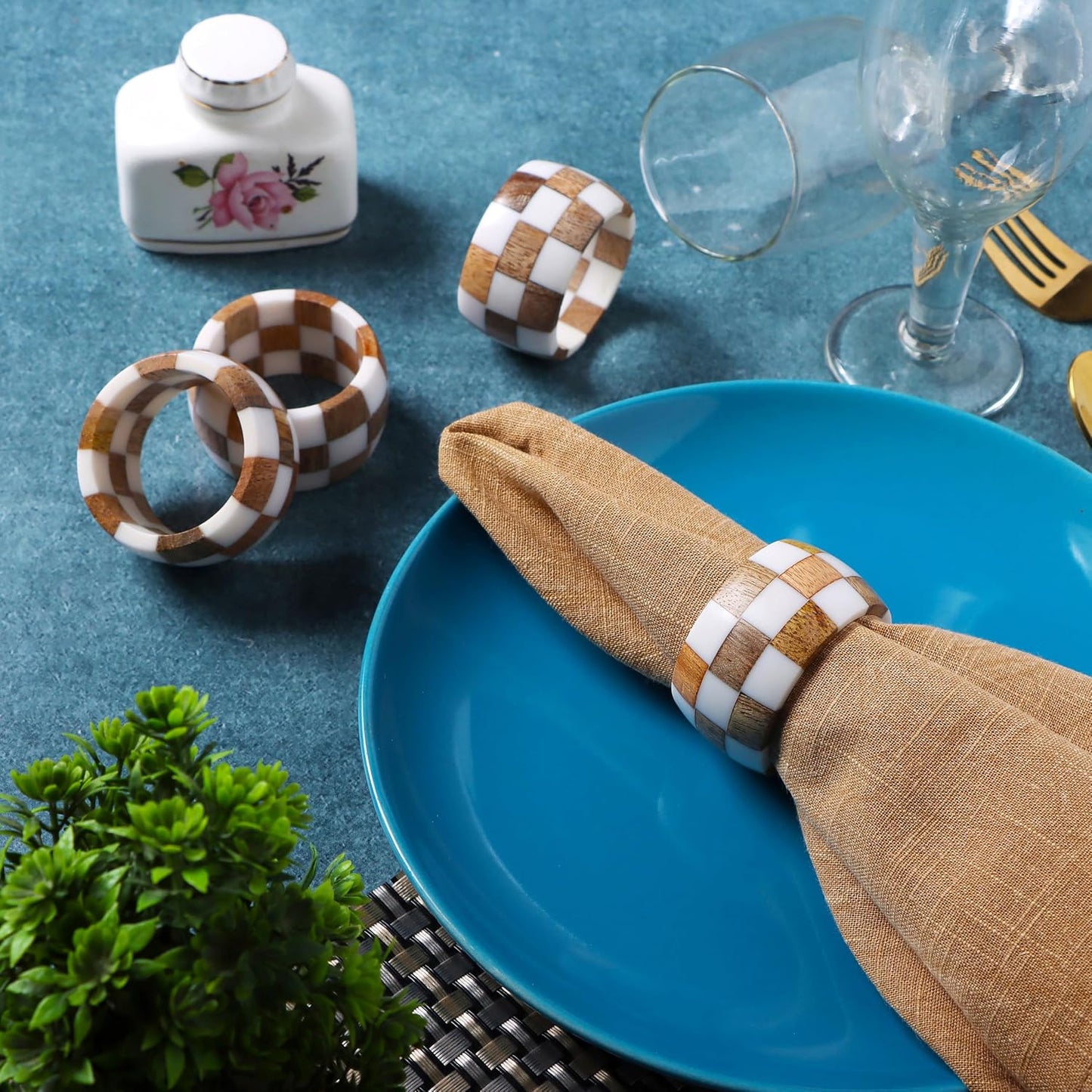 Alpha Living Home Epoxy Wood Napkin Rings, Set of 12, Brown Cream | Handcrafted epoxy resin & natural wood, 2 x 2 x