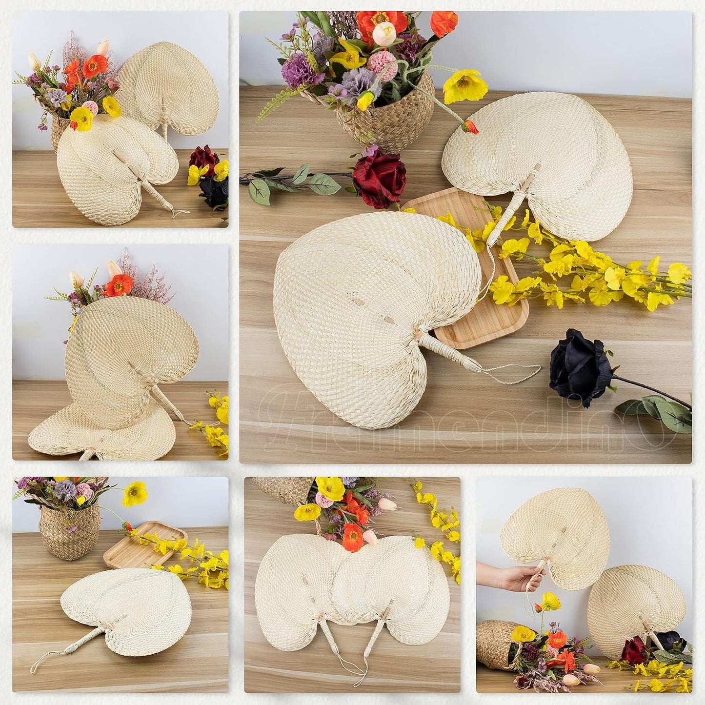 Handmade Bamboo Raffia Fans Hand Rattan Fan Woven Plam Leaf / Natural / Set of 2