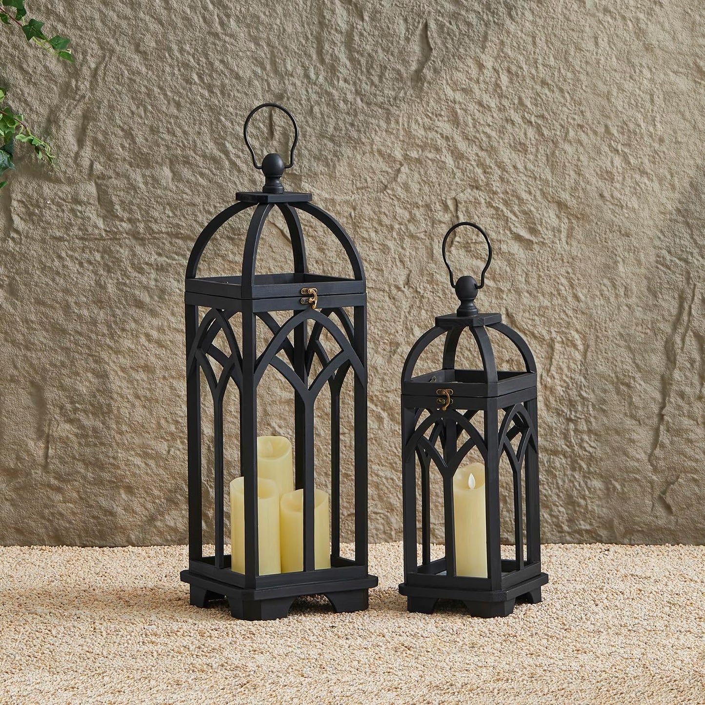 Glitzhome Farmhouse Decorative Lanterns Wooden Candle Lantern, Church Window Wood Frame Lanterns for Wedding Mantle