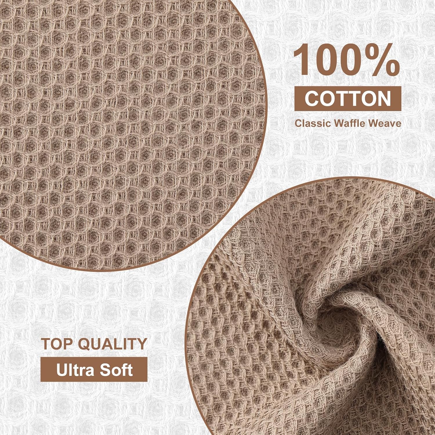 Kitinjoy 100% Cotton Waffle 12-Pack Kitchen Towels, 12" x 12", Tan | Ultra Absorbent, Super Soft, lightweight, Quick