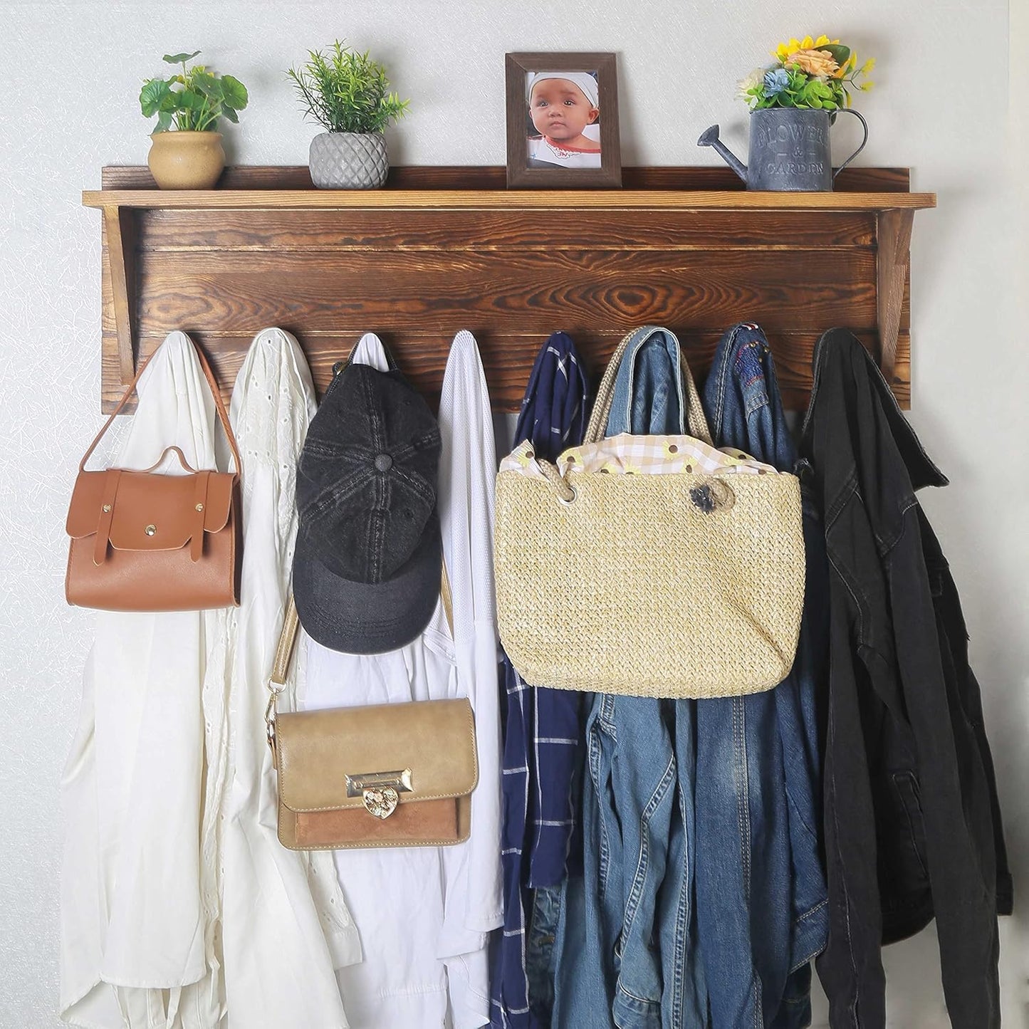 WEBI Coat Rack Wall Mount with Shelf,8 Peg Hooks,34" Long Rustic Entryway Wall Shelf with Hooks Underneath for Hanging