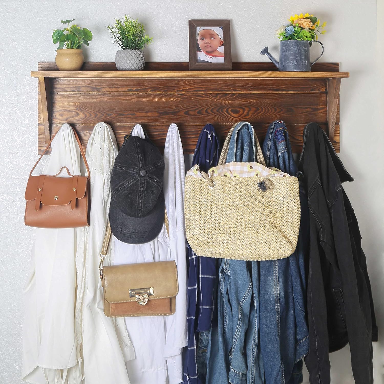 WEBI Coat Rack Wall Mount with Shelf,8 Peg Hooks,34" Long Rustic Entryway Wall Shelf with Hooks Underneath for Hanging