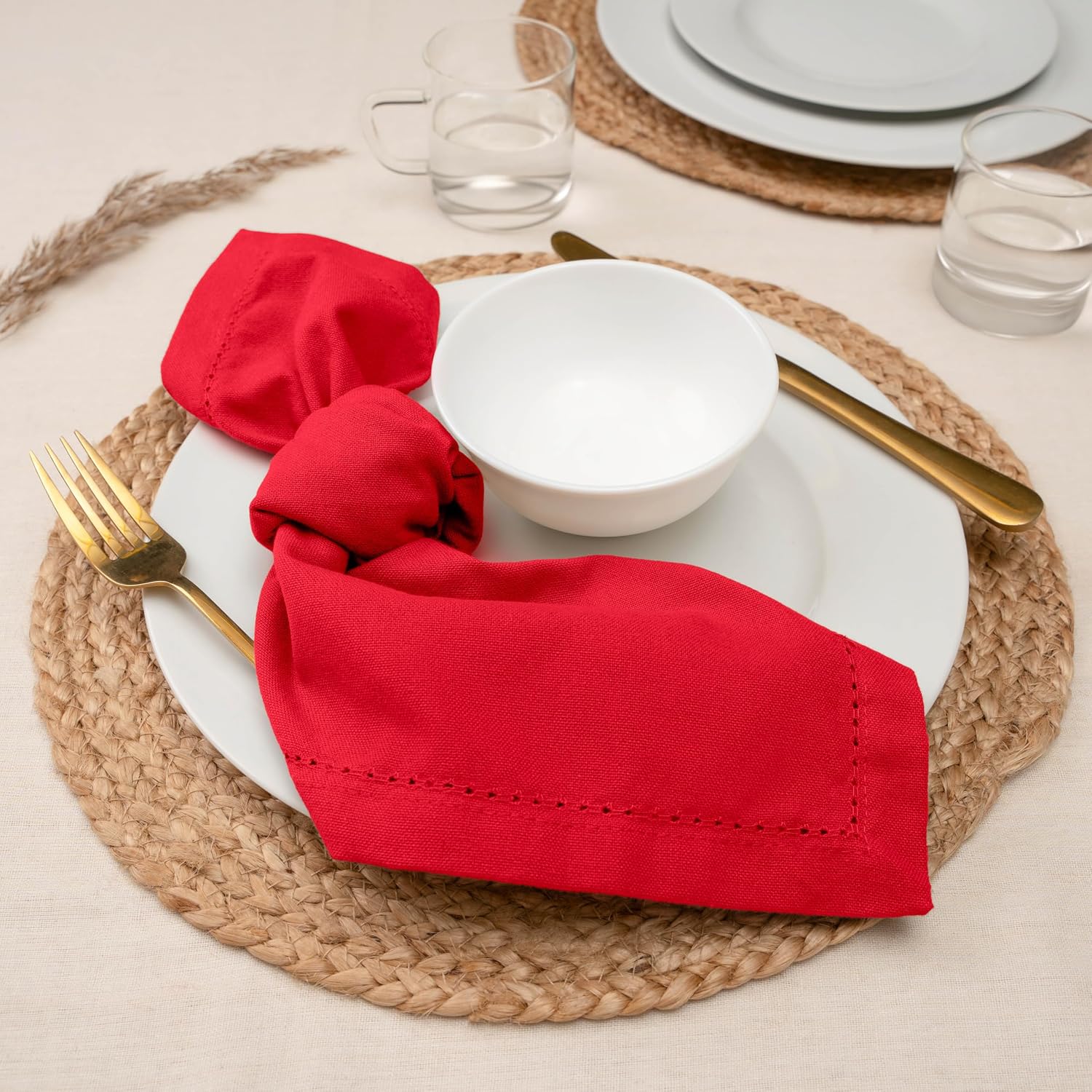 Blue Needles Set of 12 Hemstitch Linen Napkins 100% Cotton Red Cloth Dinner Napkins 18x18 inches, Soft, Reusable