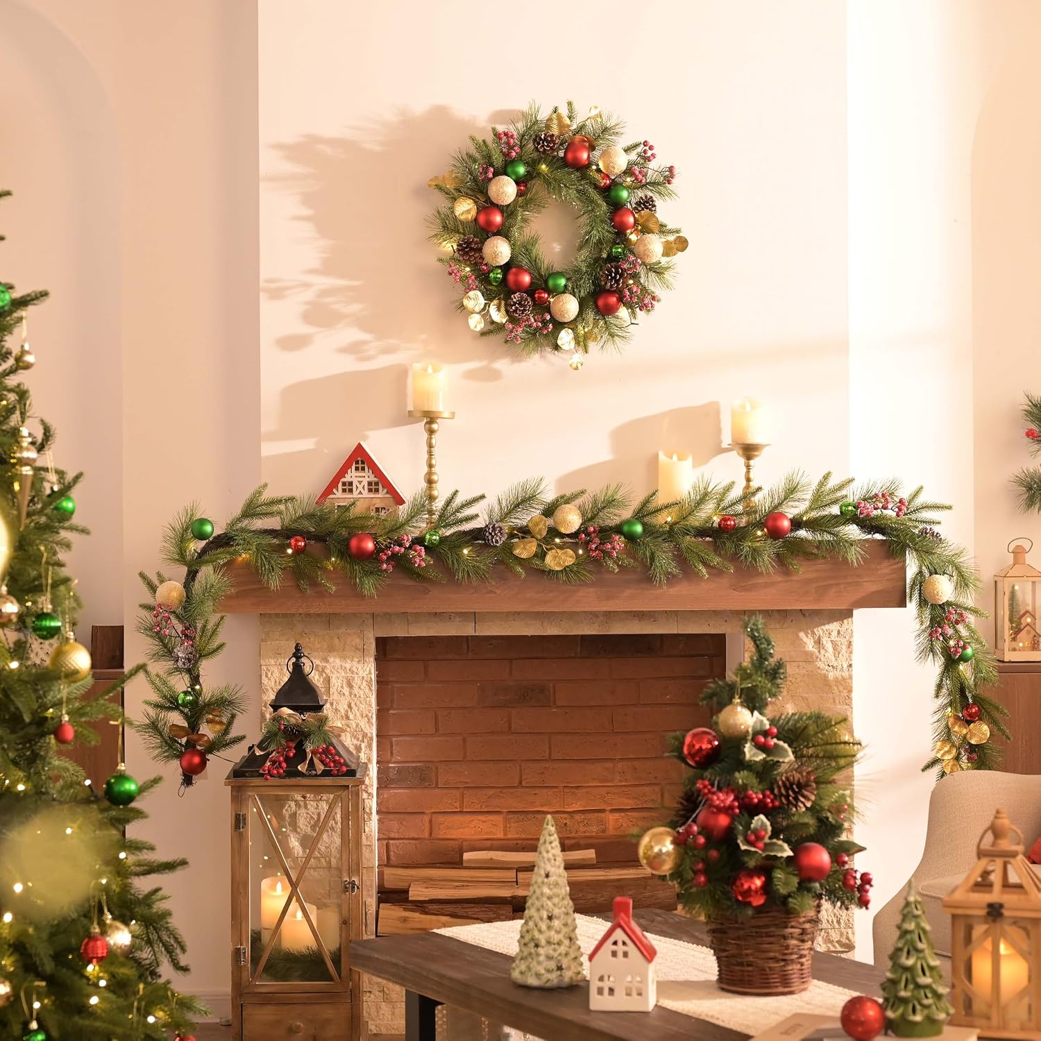 Valery Madelyn 9 Ft Pre-Lit Christmas Garland with Light for Mantle, Lighted Outdoor Xmas Garland with Red Green Gold