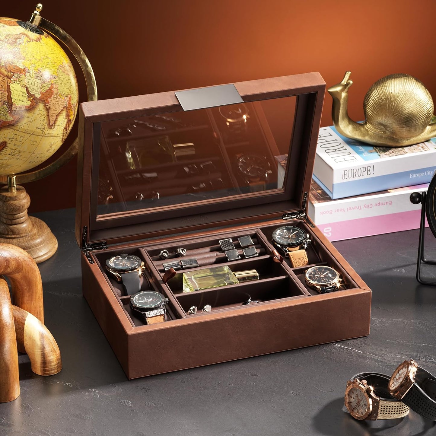 Glenor Co Valet Jewelry Box for Men - Holds 4 Watches, 12 cufflinks, 2 Sunglasses & Tray Storage - Mens Watch Case