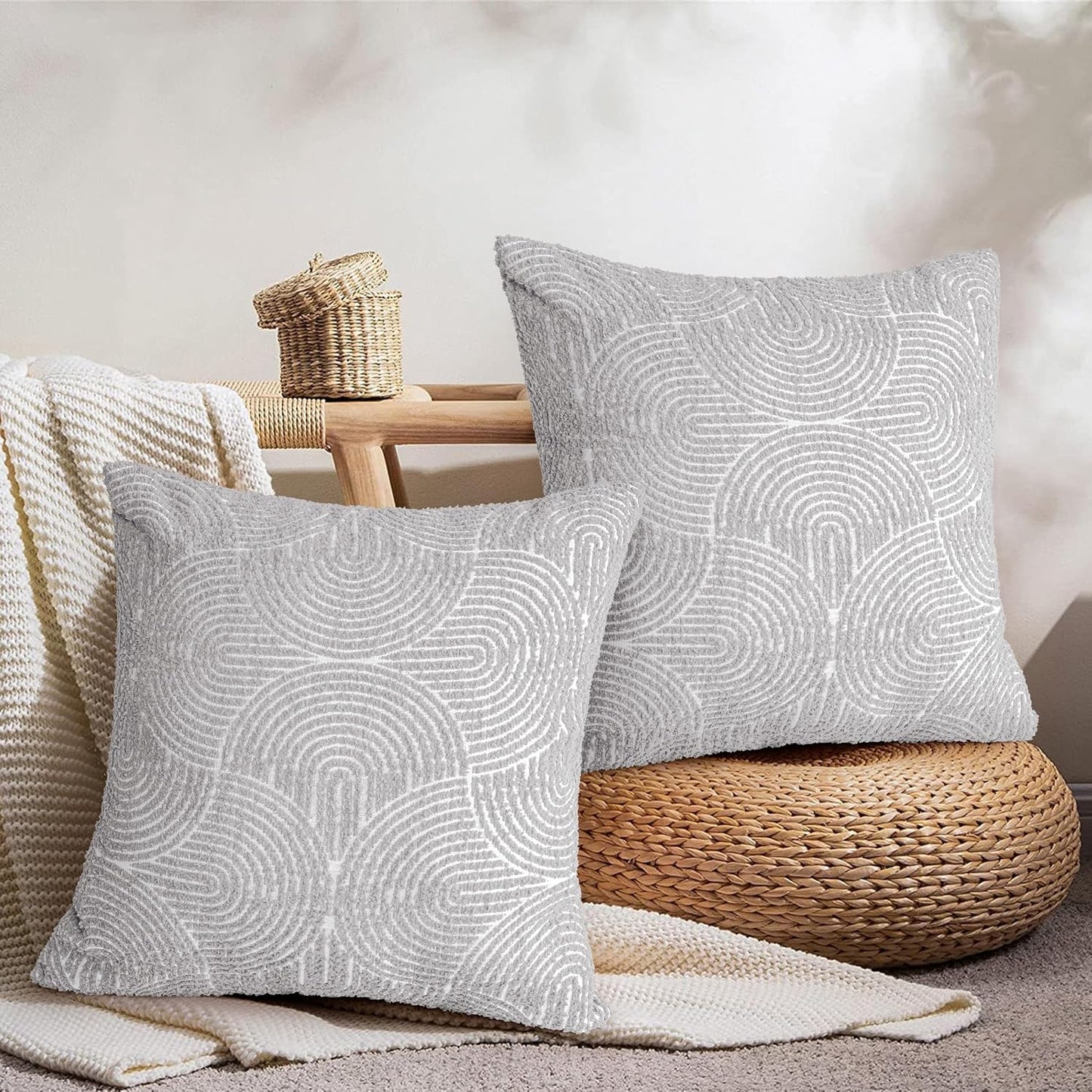 Boho Decorative Textured Throw Pillow Covers / Light Gray / 20 x 20 / Set of 2