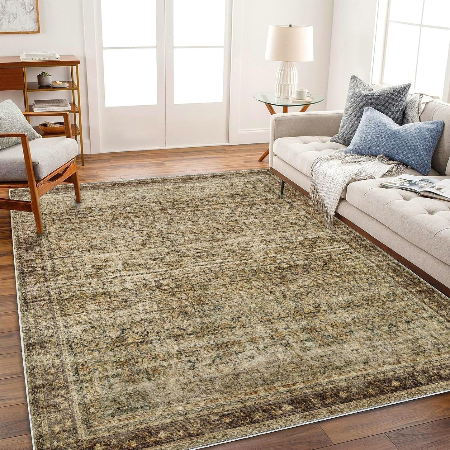 Area Rug Washable Rug Brown Vintage Traditional Mat Distressed Indoor / Green and Brown / 8' x 10