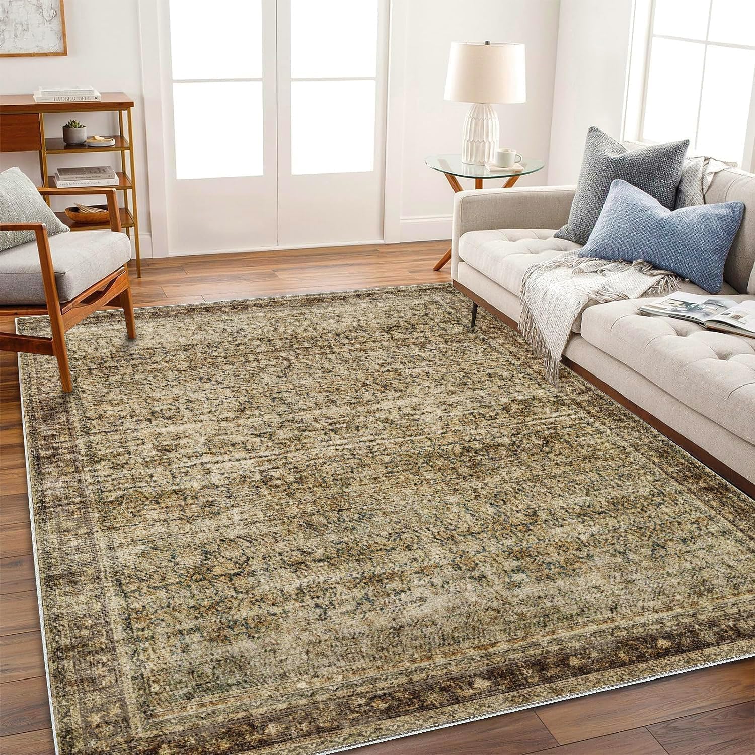 Area Rug Washable Rug Brown Vintage Traditional Mat Distressed Indoor / Green and Brown / 8' x 10
