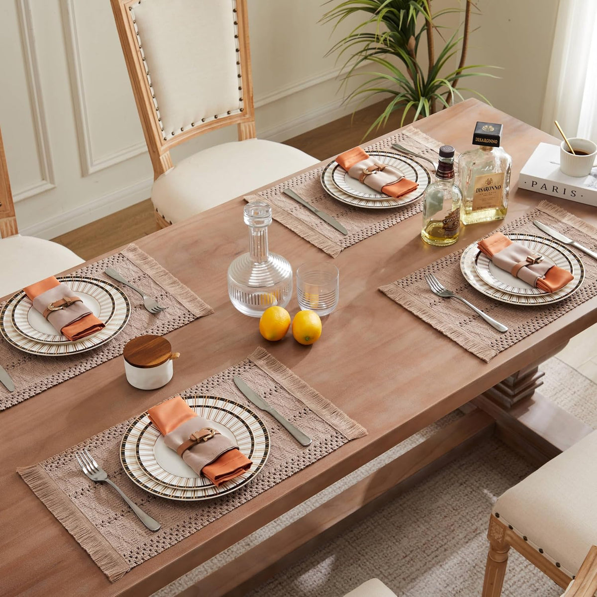 Macrame Style Boho Placemats Set of 6, Taupe 12x20 Inch | Decorative Farmhouse Table Mats, Natural Cotton Woven Place