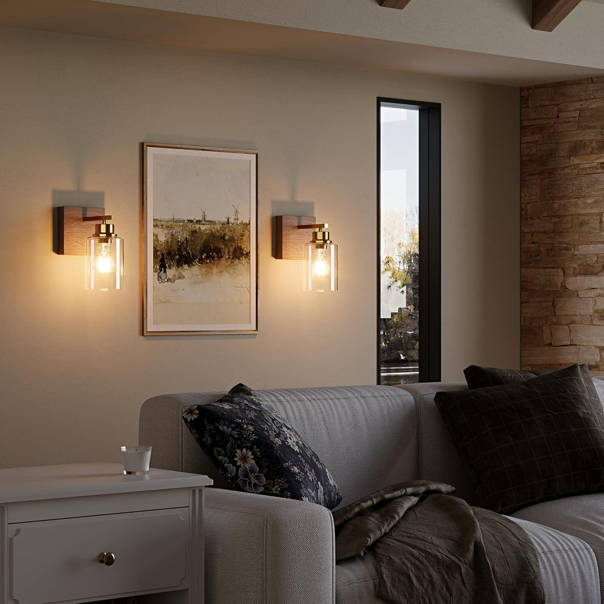 Rayogale Wireless Battery Operated Wall Sconce Set of 2 with Remote Control | Gold & Walnut Dimmable Rechargeable Wall
